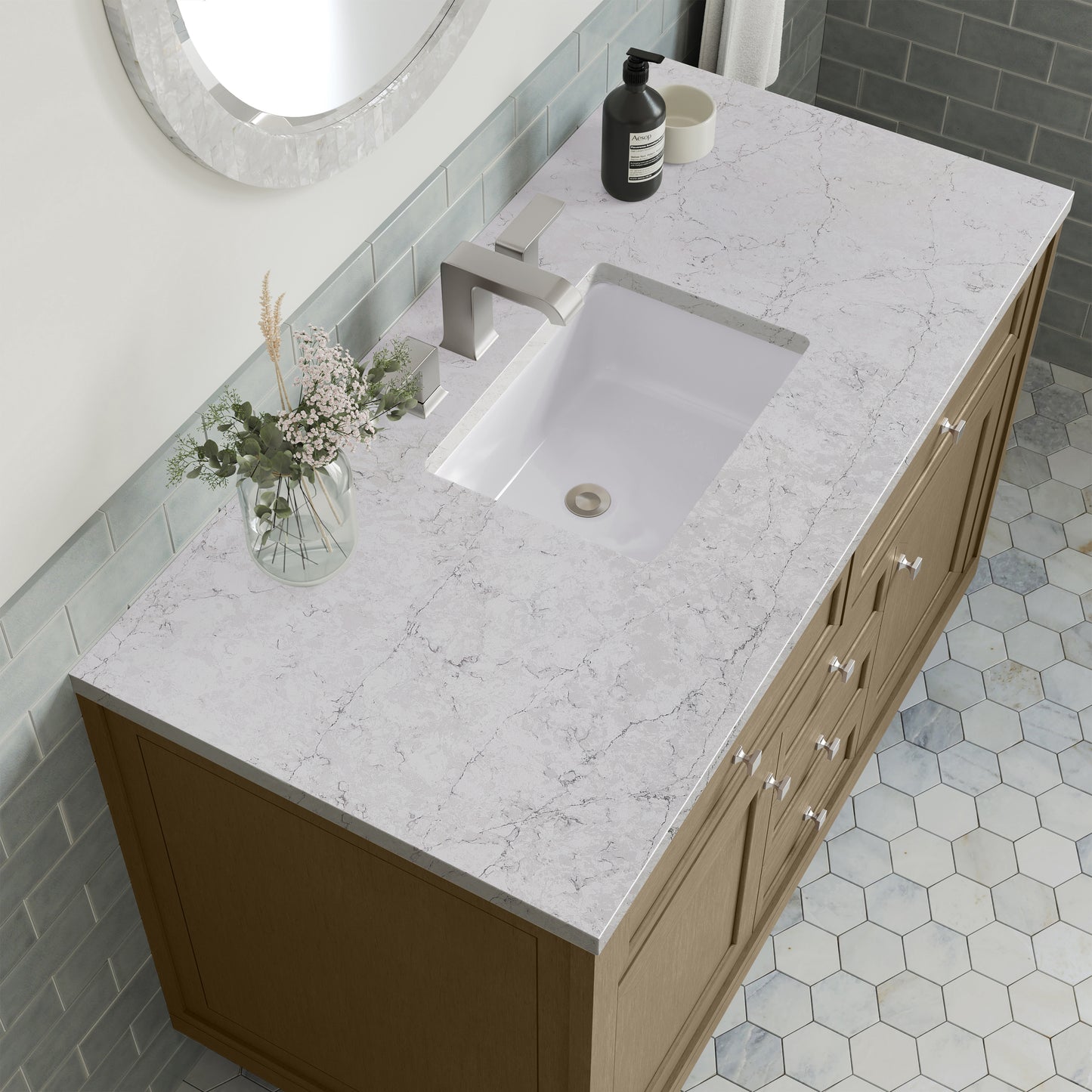 Renovate for Less Atlanta Chicago 48" Single Vanity, Walnut Whisper, w/ 3 CM Eternal Jasmine Pearl Silestone® Top