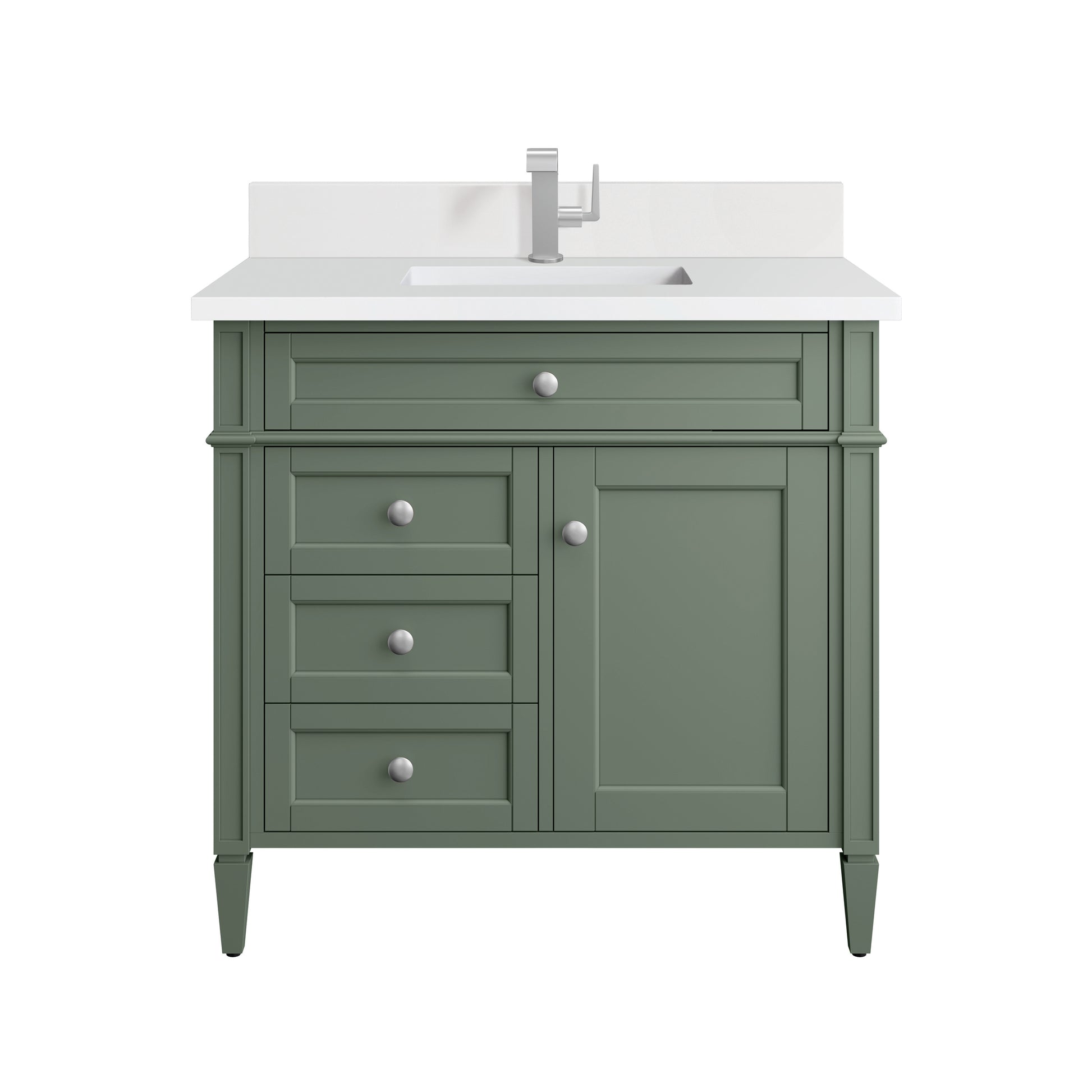 Renovate for Less Atlanta Brittany 36" Single Vanity, Smokey Celadon w/ Single Hole 3 CM White Zeus Top & Backsplash