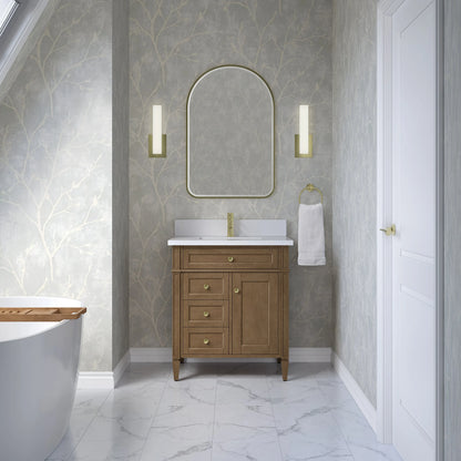 Brittany 30" Single Vanity, Pecan w/ Single Hole 3 CM White Zeus Silestone Top and Matching Backsplash