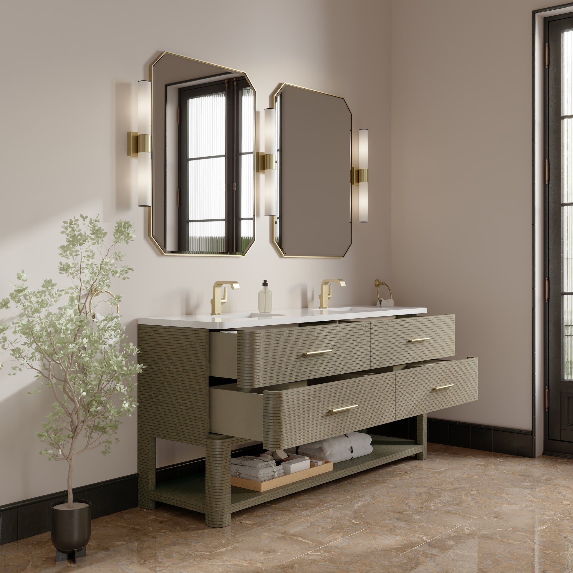 Renovate for Less Atlanta Lucian 72" Double Vanity, Pebble Oak w/ 3 CM White Zeus Silestone Top