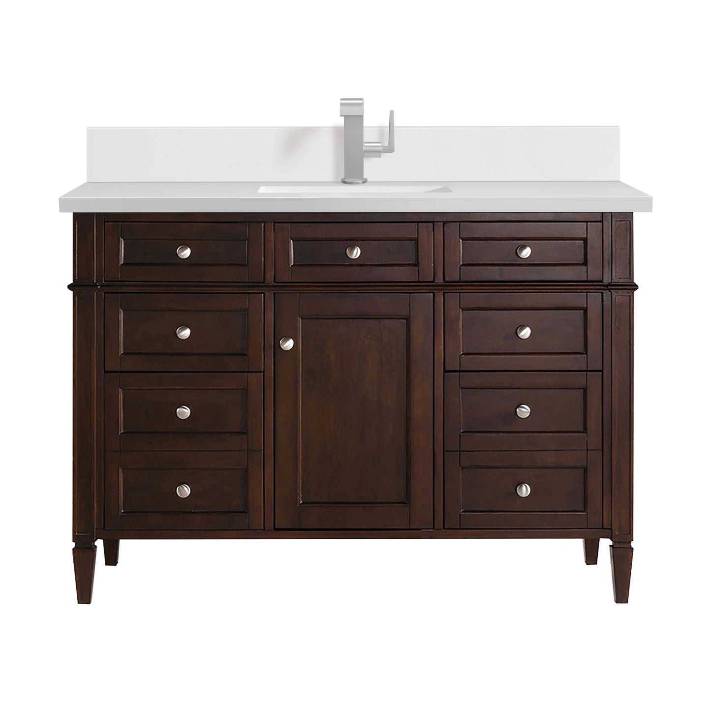 Renovate for Less Atlanta Brittany 48" Single Vanity, Burnished Mahogany w/ Single Hole 3 CM White Zeus Silestone Top & Backsplash
