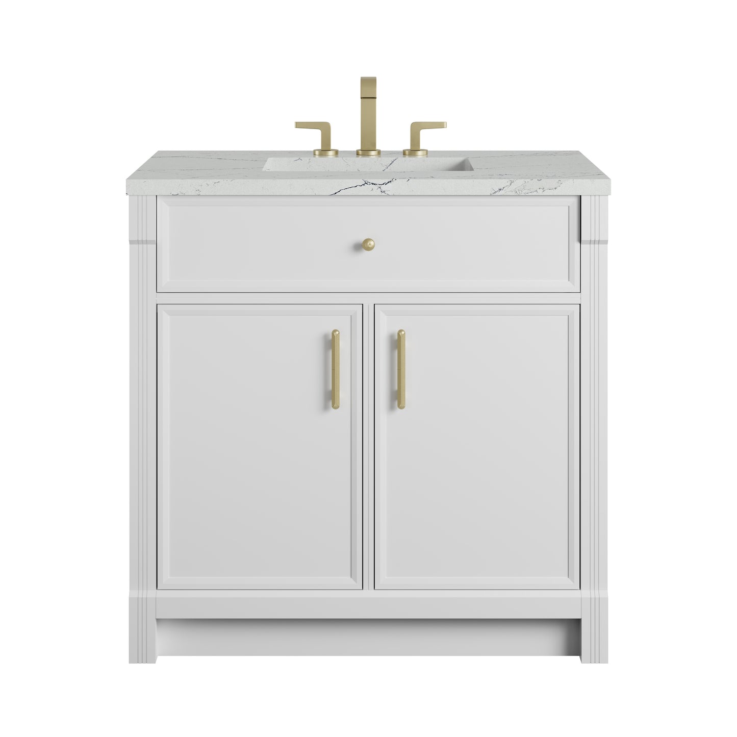 Renovate for Less Atlanta Bellshire 36" Single Vanity, Bright White w/ 3 CM Ethereal Noctis Silestone Top
