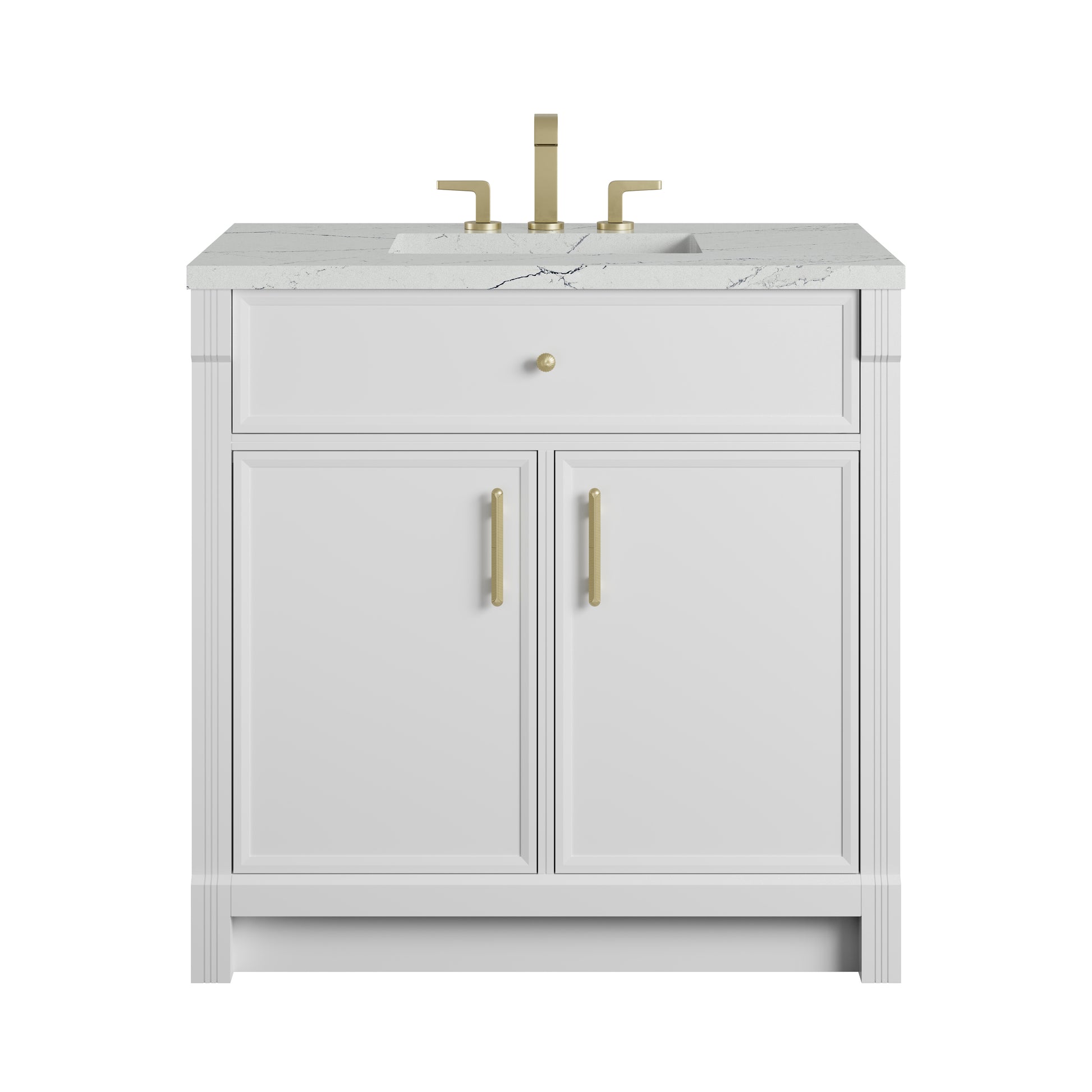 Renovate for Less Atlanta Bellshire 36" Single Vanity, Bright White w/ 3 CM Ethereal Noctis Silestone Top