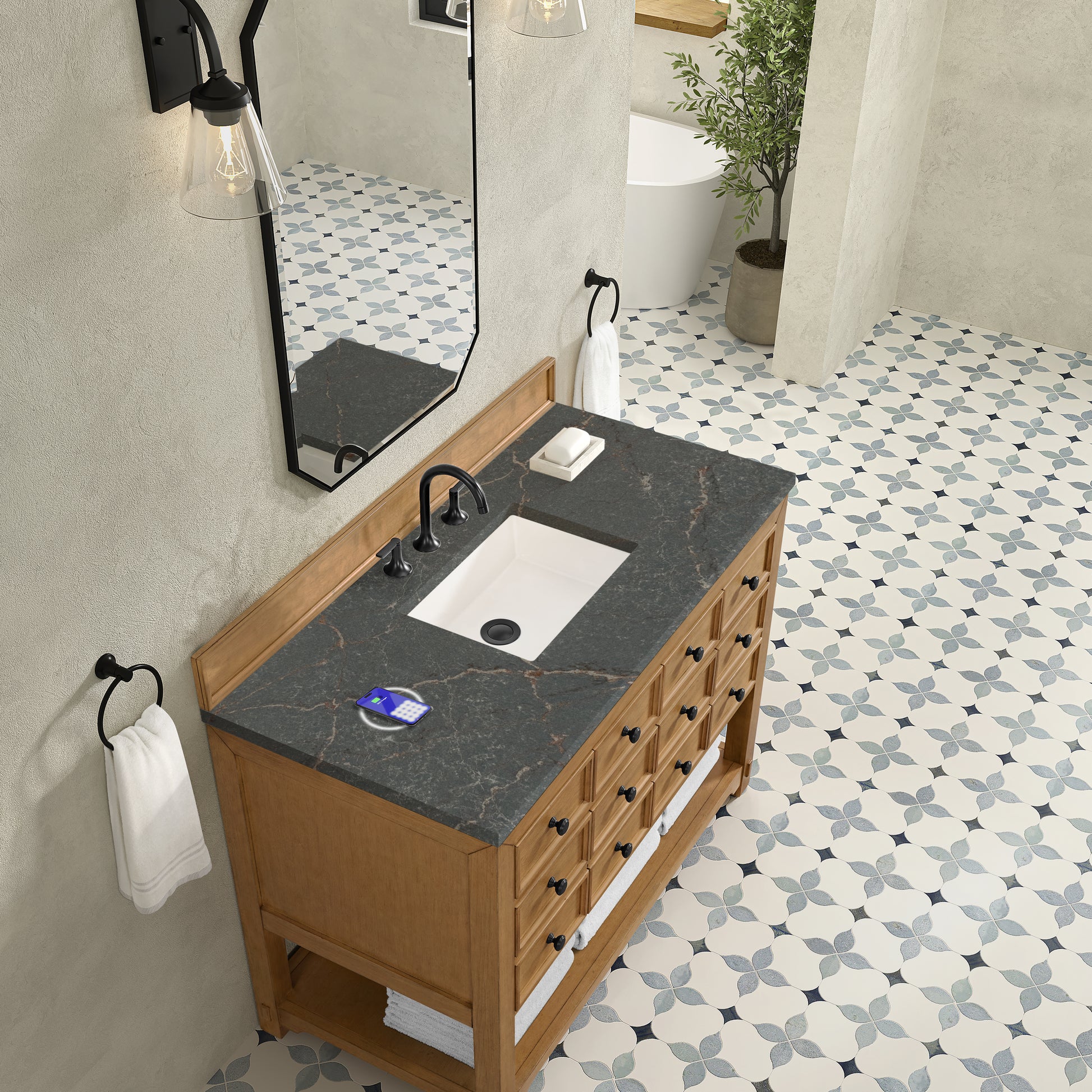 Renovate for Less Atlanta Malibu 48" Single Vanity, Amber Birch w/ 3 CM Parisien Bleu Silestone Top w/ FreePower Wireless Charger
