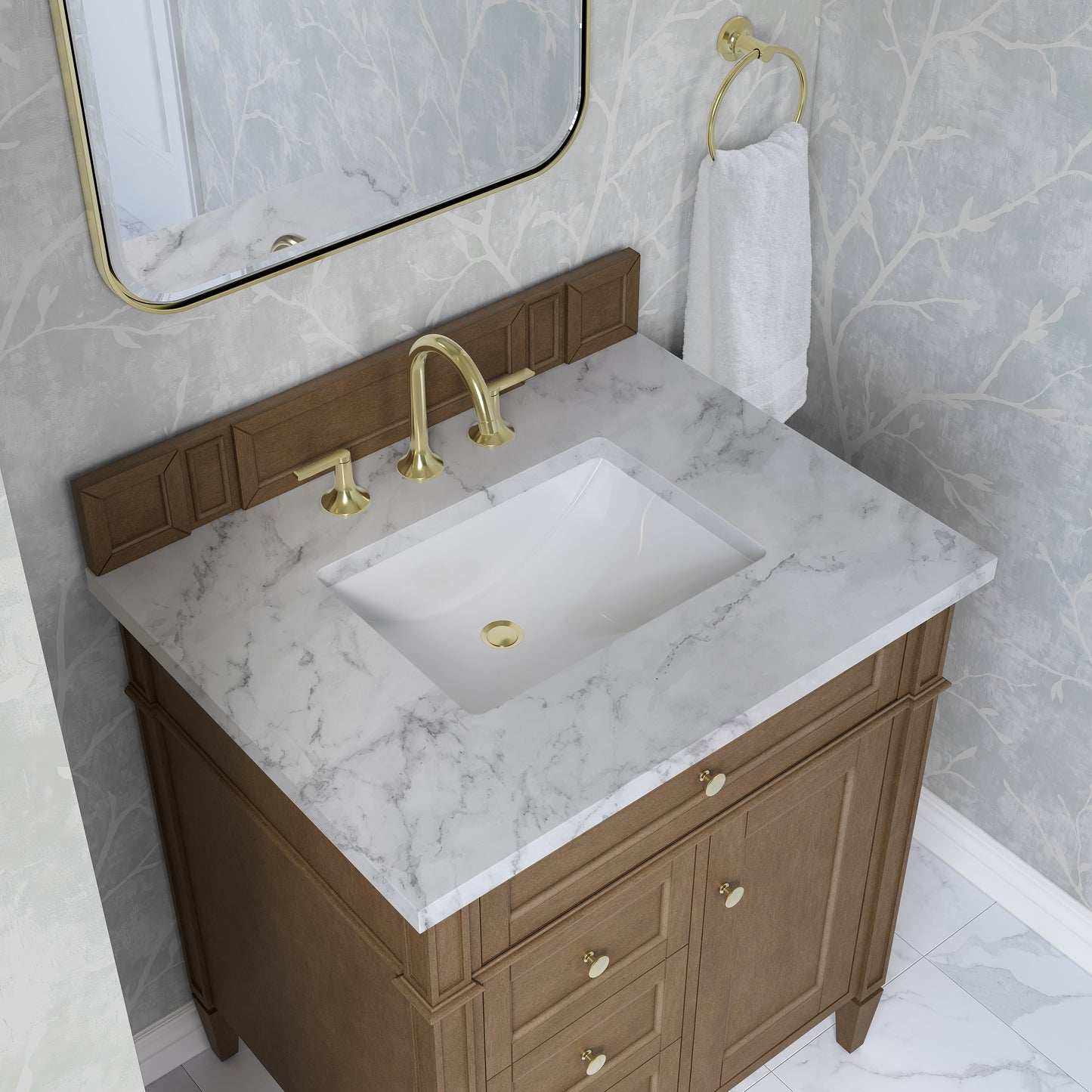 Renovate for Less Atlanta Brittany 30" Single Vanity, Pecan w/ 3 CM Carrara Marble Top