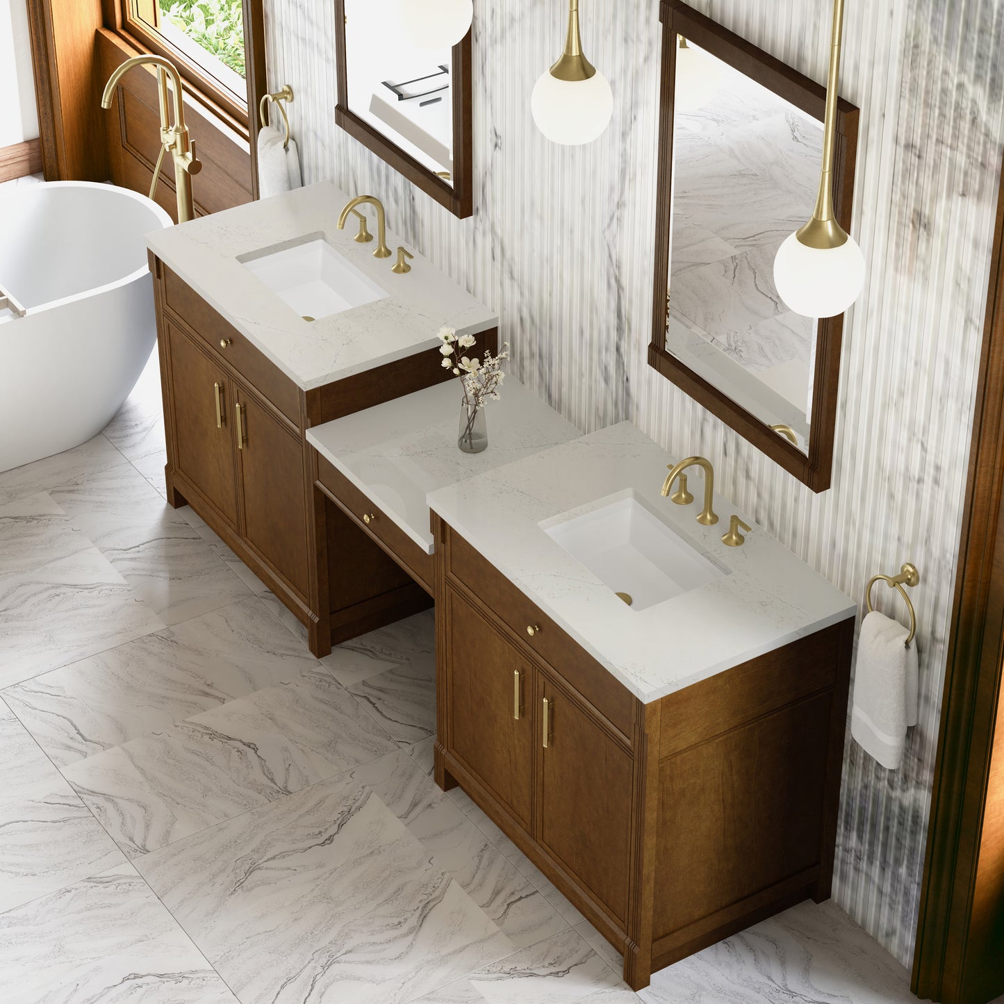 Renovate for Less Atlanta Bellshire 96" Dual Vanity Set with 24" Make-Up Counter, Honey Oak w/3 cm Siberian Silestone Top