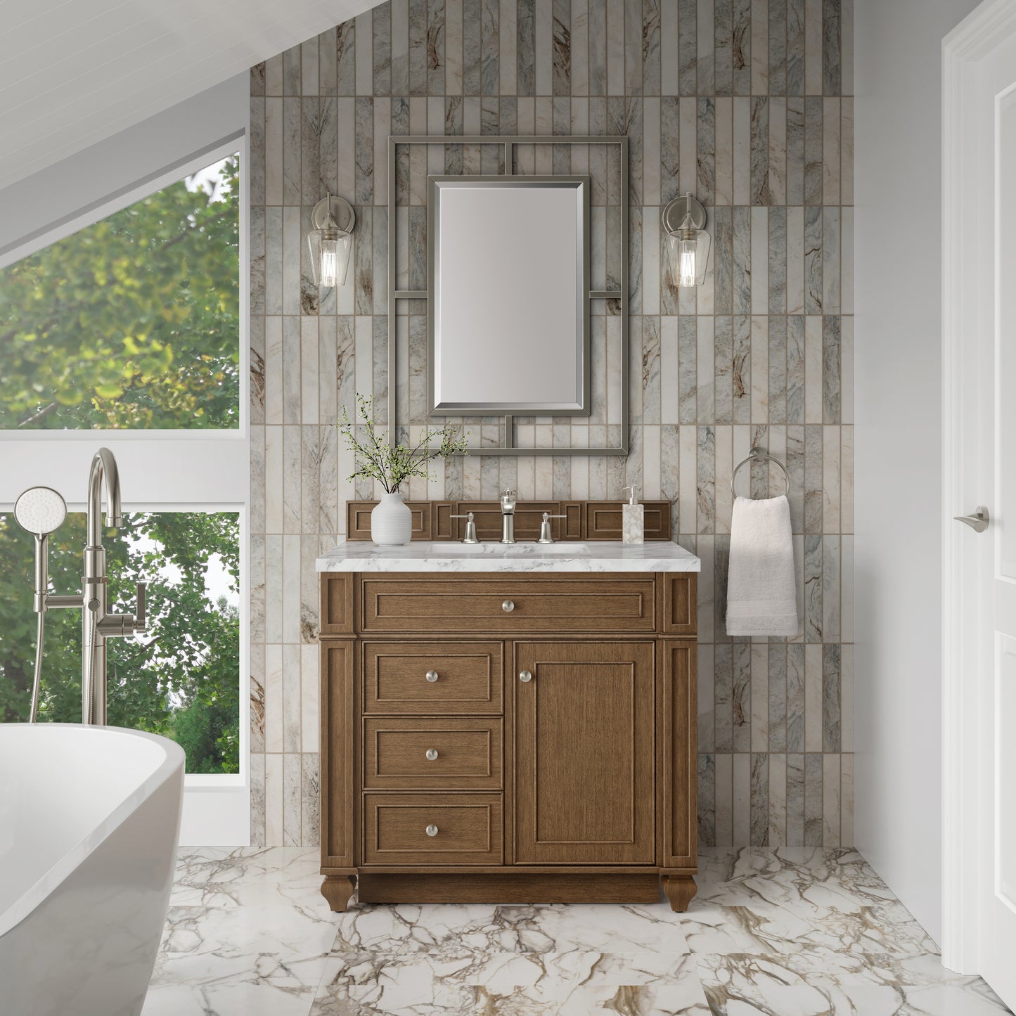 Renovate for Less Atlanta Bristol 36" Single Vanity, Saddle Brown w/ 3 CM Carrara Marble Top