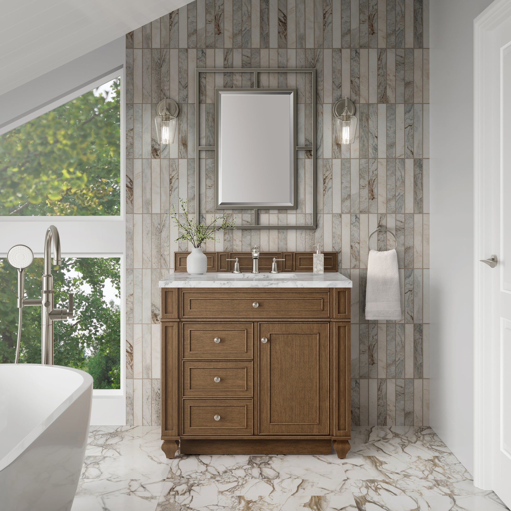 Renovate for Less Atlanta Bristol 36" Single Vanity, Saddle Brown w/ 3 CM Carrara Marble Top