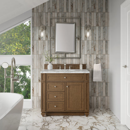 Renovate for Less Atlanta Bristol 36" Single Vanity, Saddle Brown w/ 3 CM Carrara Marble Top