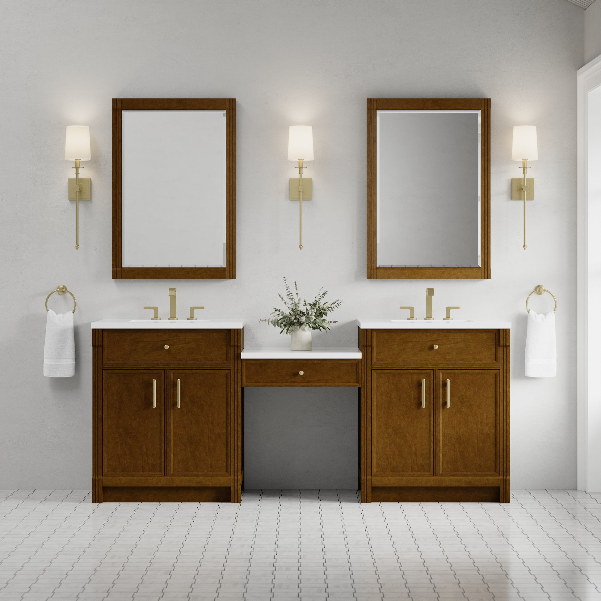 Renovate for Less Atlanta Bellshire 84" Dual Vanity Set with 24" Make-Up Counter, Honey Oak w/3 cm White Zeus Silestone Top