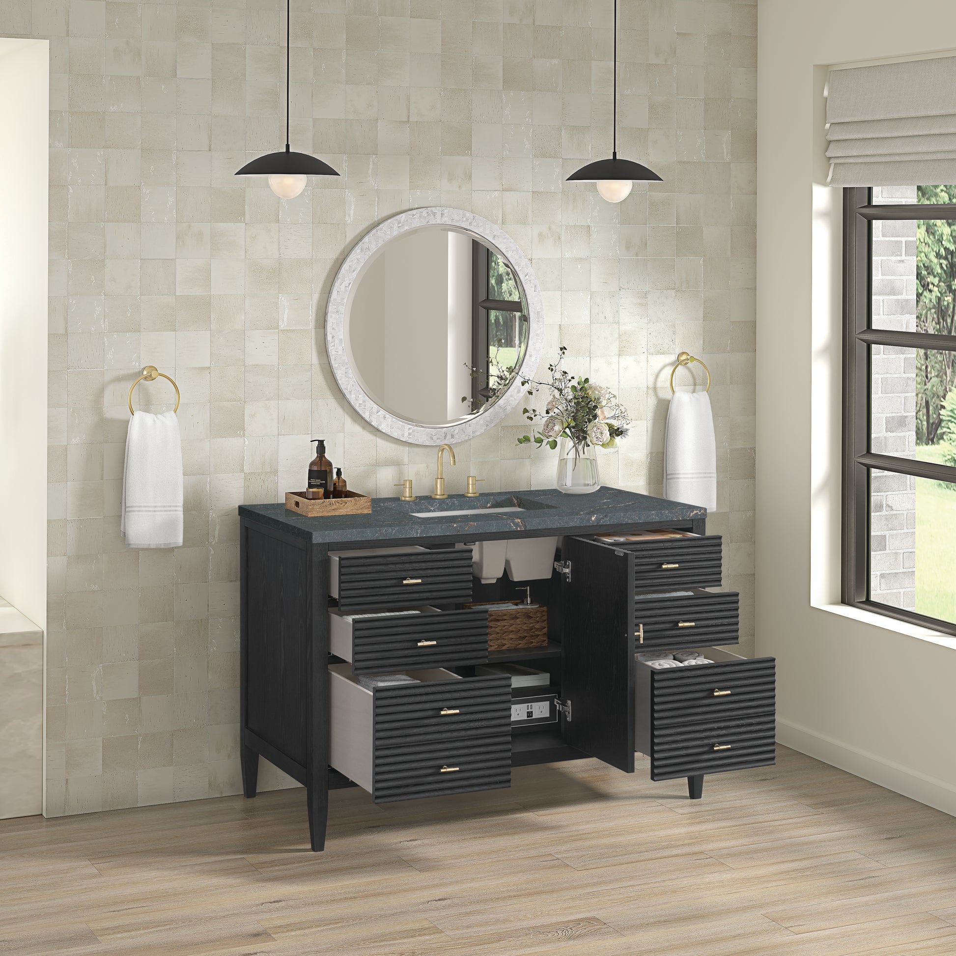 Renovate for Less Atlanta Myrrin 48" Single Vanity, Carbon Oak w/ 3 CM Parisien Bleu Silestone Top w/FreePower Wireless Charger