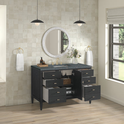 Renovate for Less Atlanta Myrrin 48" Single Vanity, Carbon Oak w/ 3 CM Parisien Bleu Silestone Top w/FreePower Wireless Charger