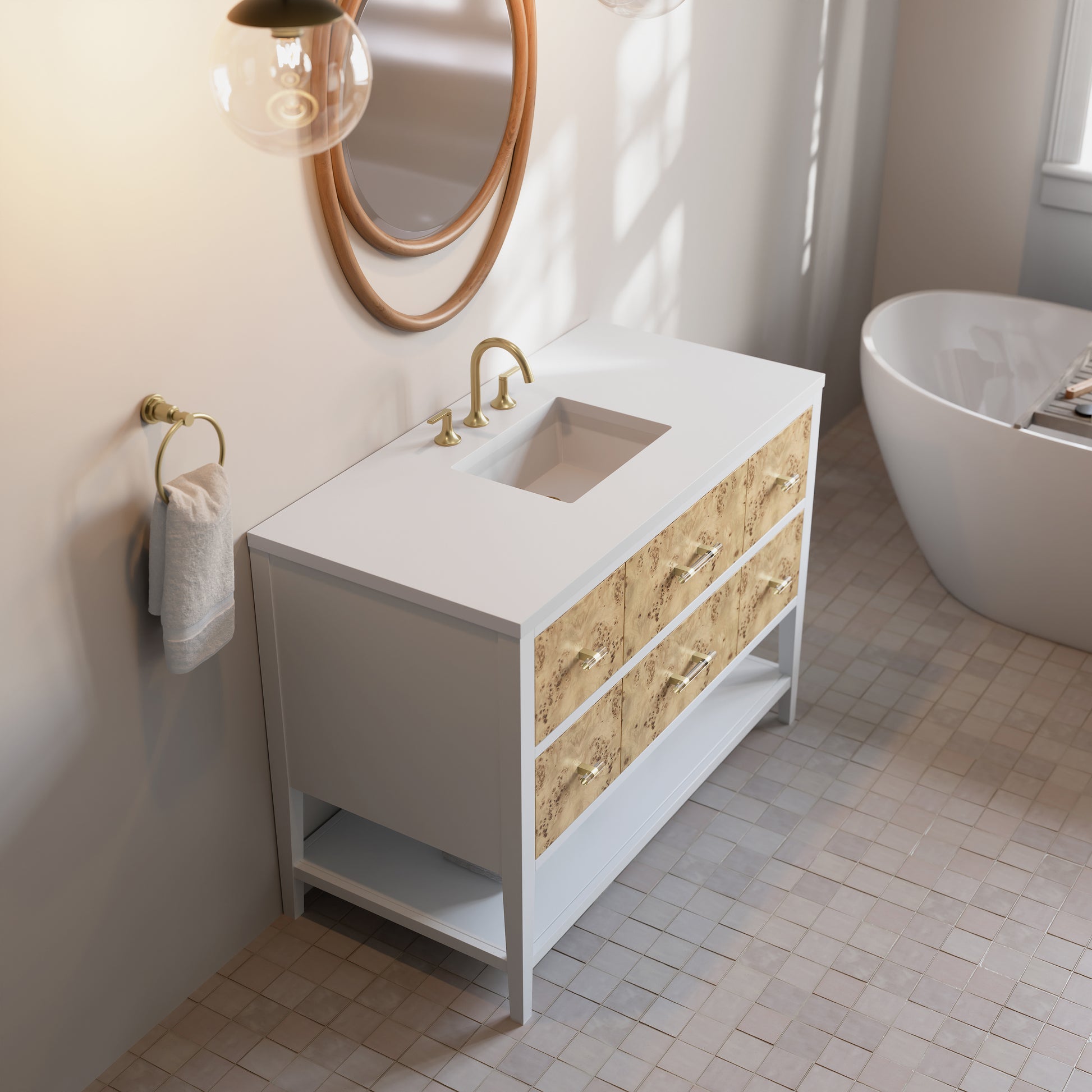 Renovate for Less Atlanta Olena 48" Single Vanity, Light Mappa Burl and Polished White w/ 3 CM White Zeus Silestone Top