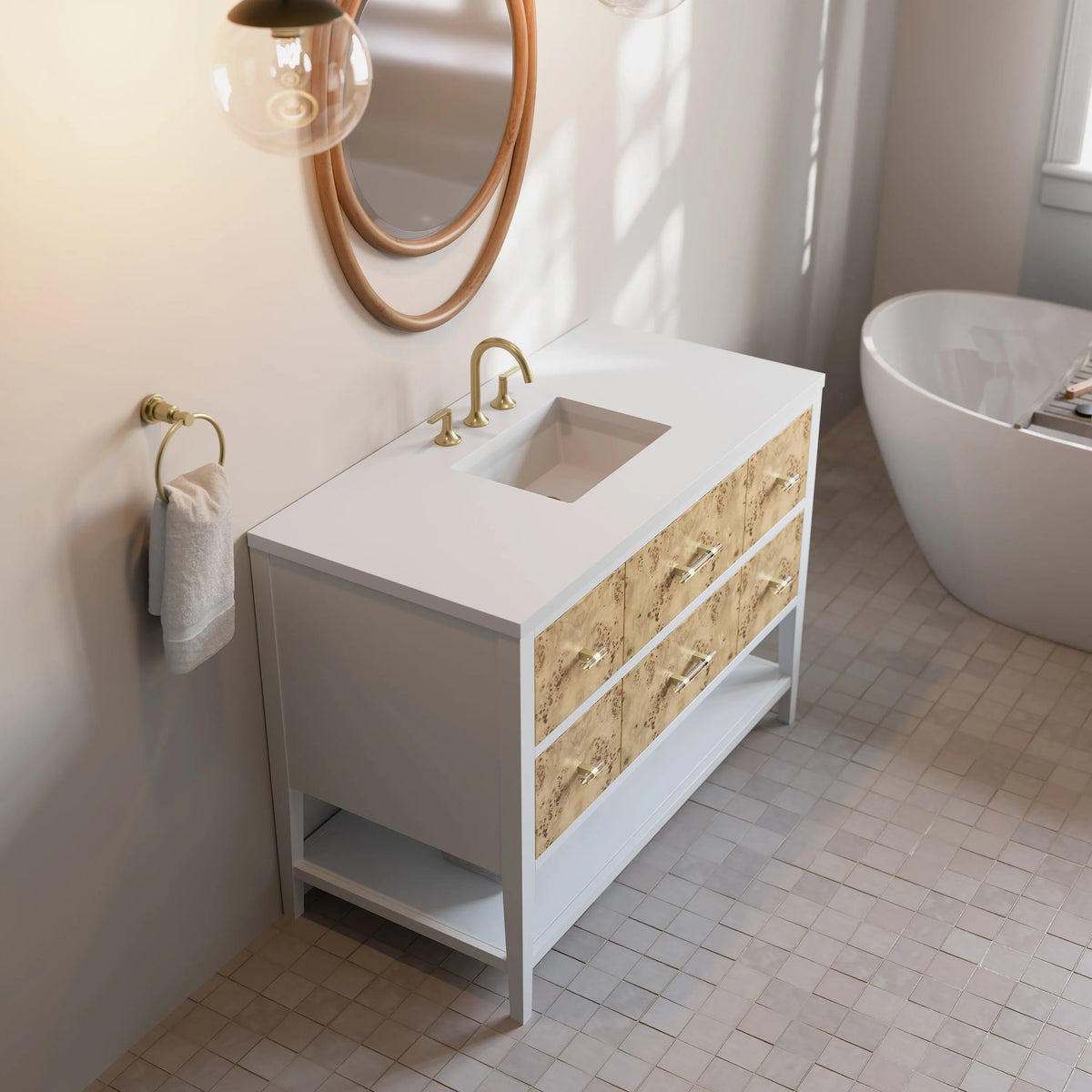 Olena 48" Single Vanity, Light Mappa Burl and Polished White w/ 3 CM White Zeus Silestone Top
