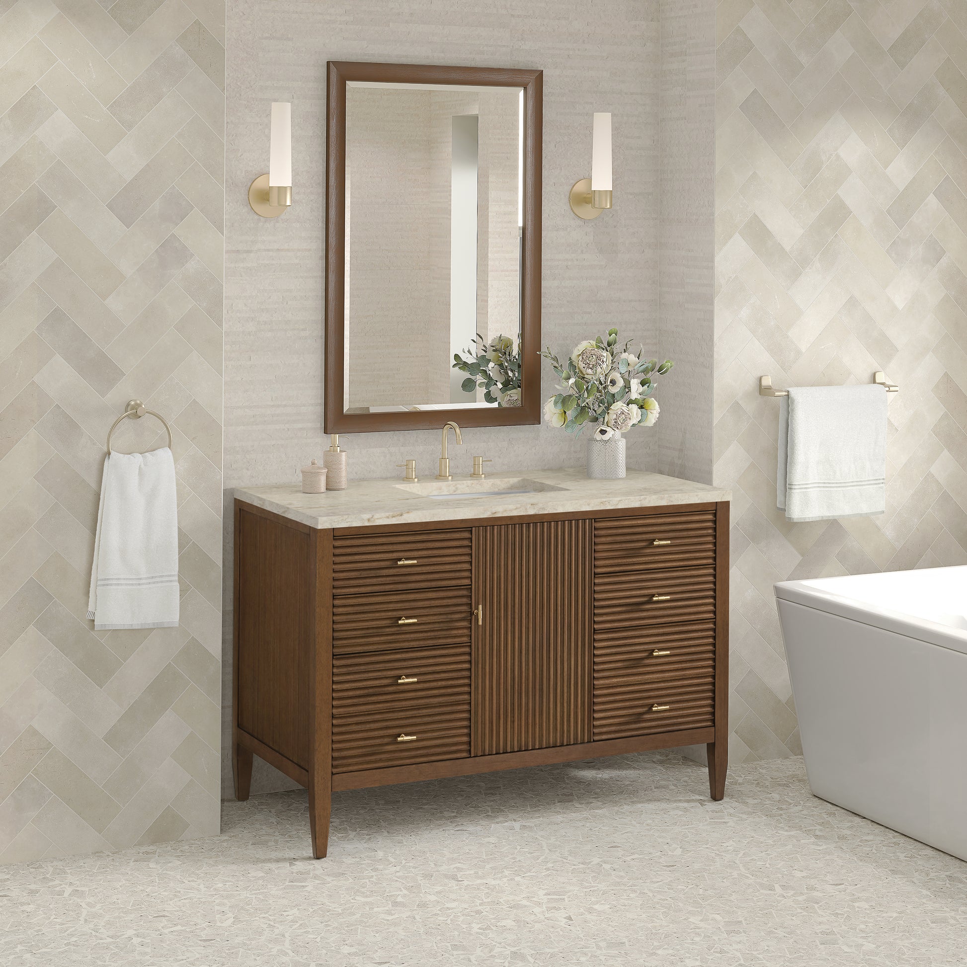 Renovate for Less Atlanta Myrrin 48" Single Vanity, Mid Century Walnut, w/ 3 CM Tajnar Eclos Top