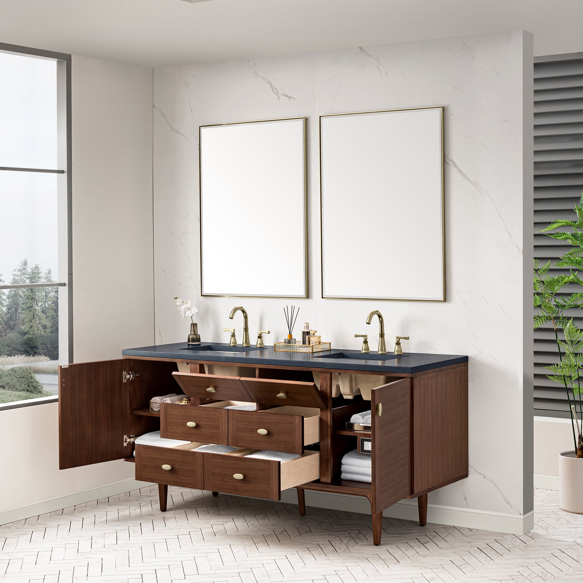 Renovate for Less Atlanta Amberly 72" Double Vanity, Mid-Century Walnut w/ 3 CM Charcoal Soapstone Top