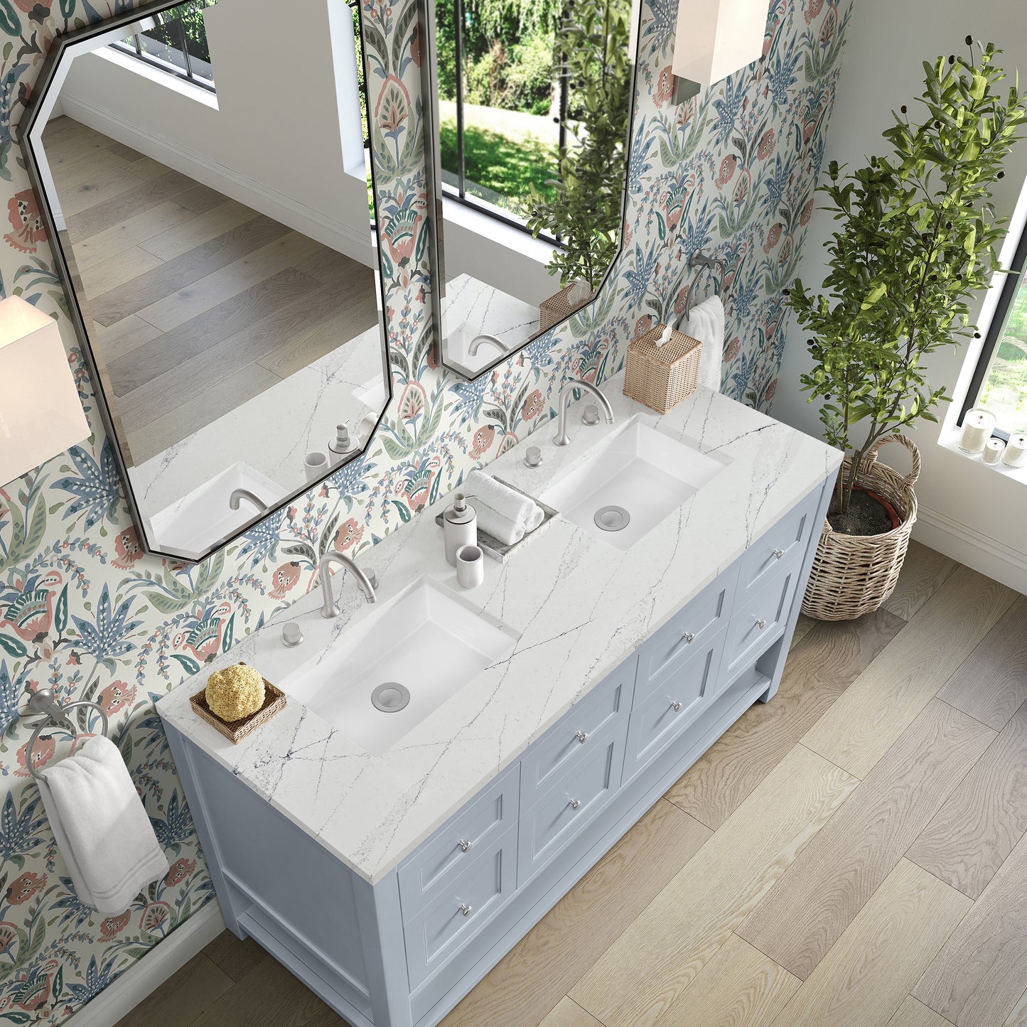Renovate for Less Atlanta Breckenridge 60" Double Vanity, Serenity Blue, w/ 3 CM Ethereal Noctis Quartz Top