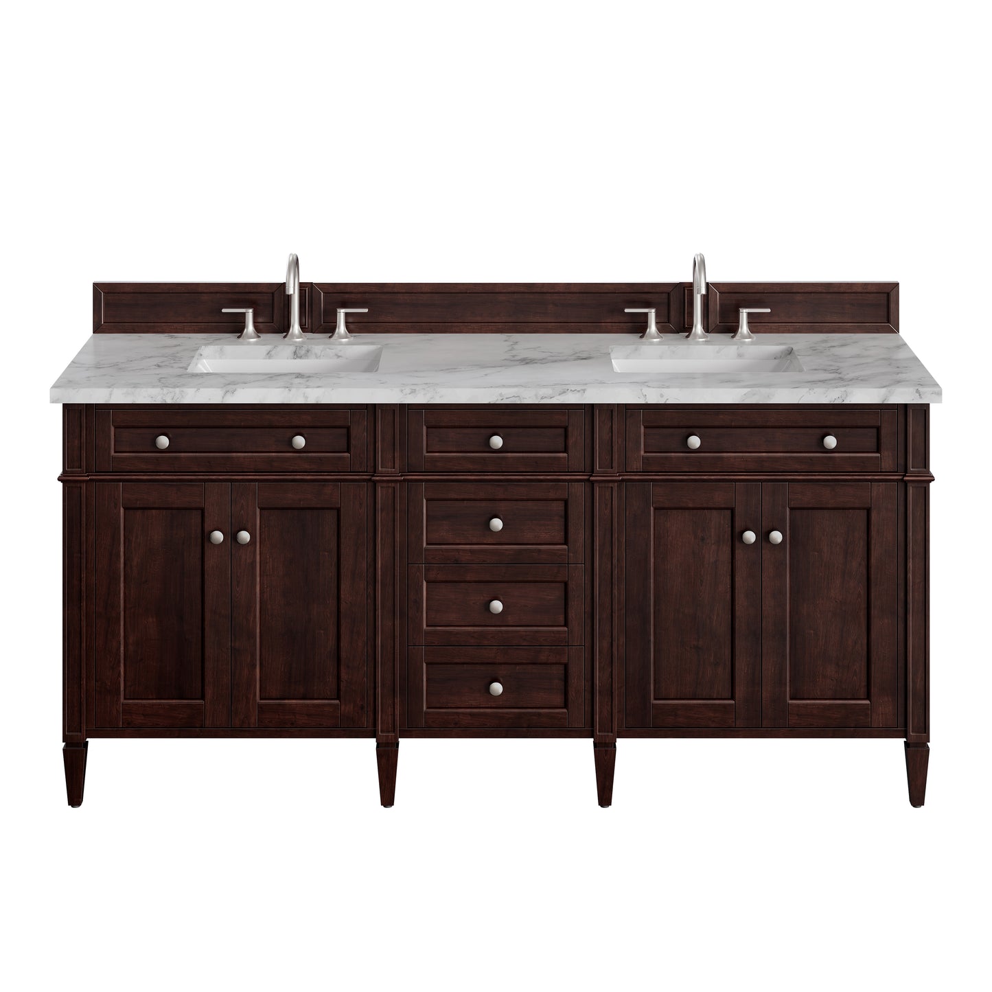 Renovate for Less Atlanta Brittany 72" Double Vanity, Burnished Mahogany w/ 3 CM Carrara Marble Top