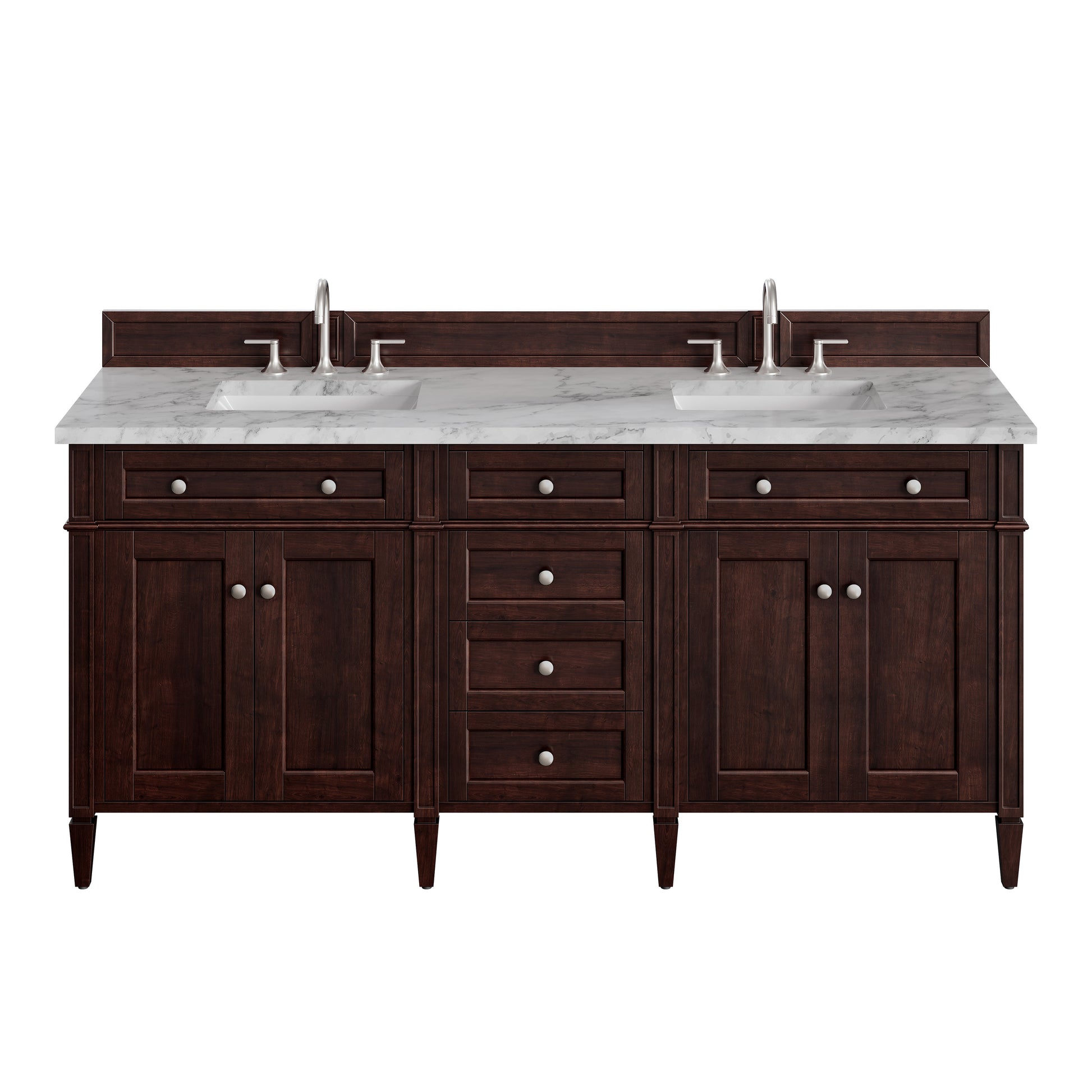 Renovate for Less Atlanta Brittany 72" Double Vanity, Burnished Mahogany w/ 3 CM Carrara Marble Top