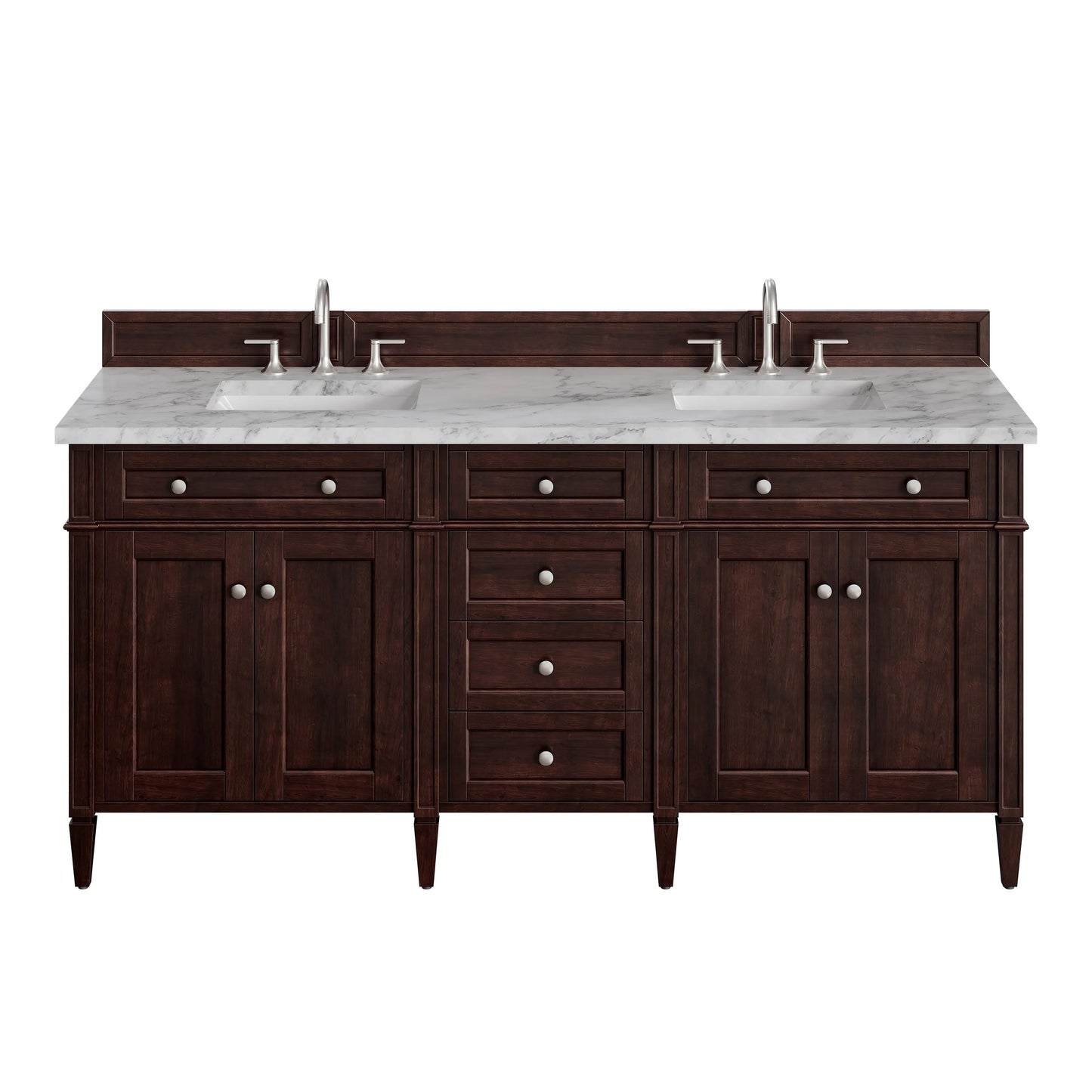 Brittany 72" Double Vanity, Burnished Mahogany w/ 3 CM Carrara Marble Top