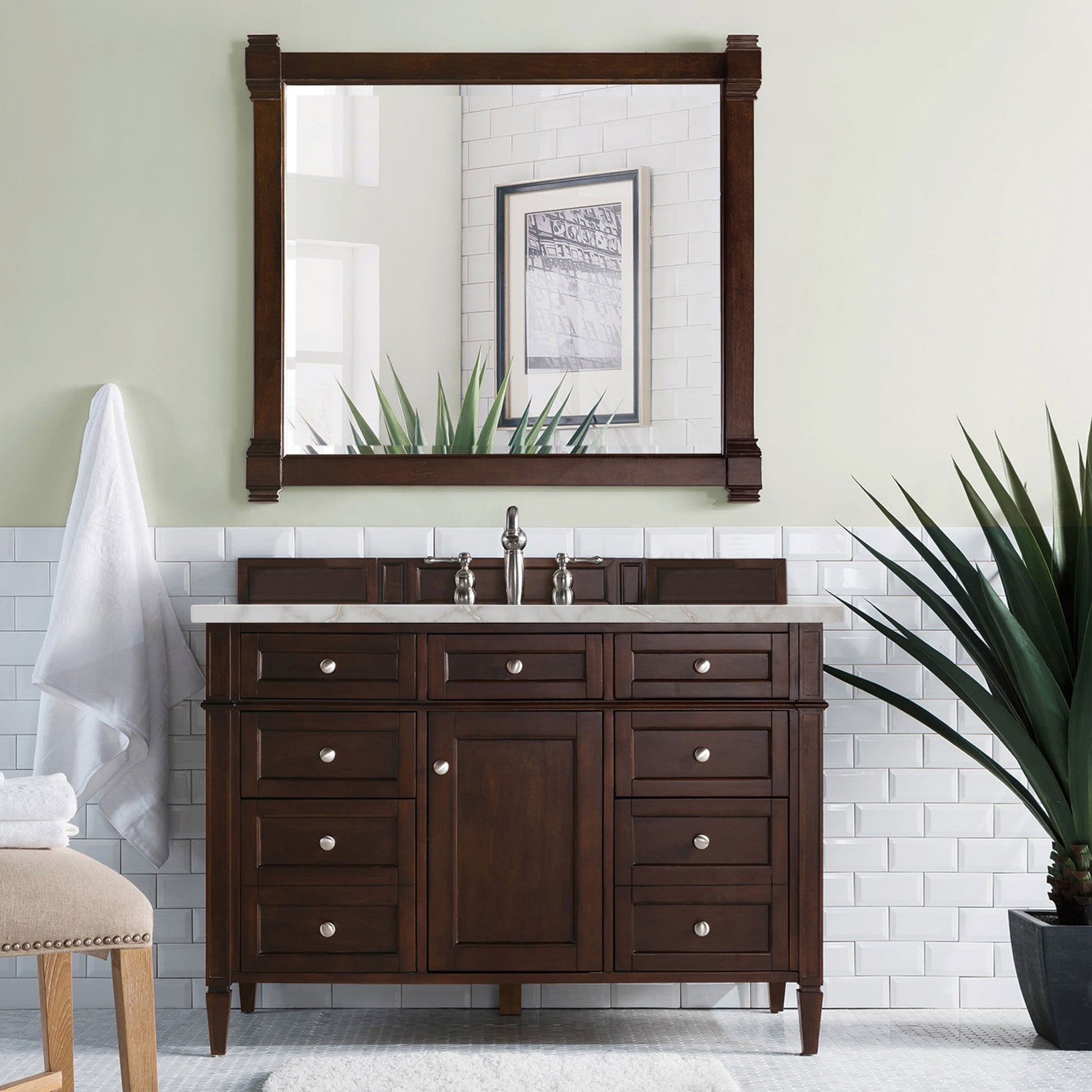 Renovate for Less Atlanta Brittany 48" Single Vanity, Burnished Mahogany w/ 3 CM Victorian Silver Silestone Top w/FreePower Wireless Charger
