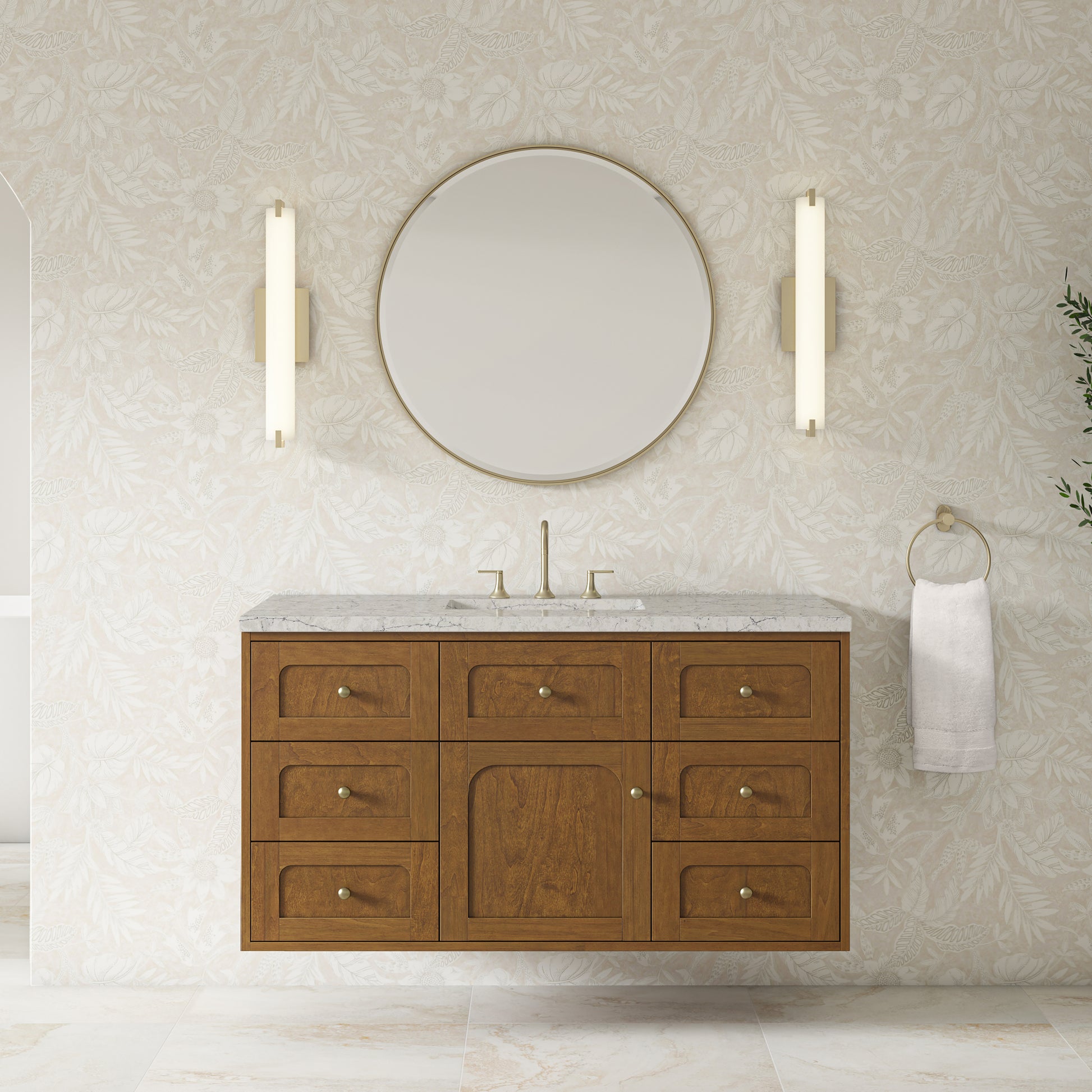 Renovate for Less Atlanta Laurent 48" Single Vanity, Honey Oak w/ 3 CM Eternal Jasmine Pearl Silestone Top w/FreePower Wireless Charger