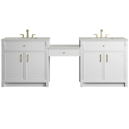 Bellshire 96" Dual Vanity Set with 24" Make-Up Counter, Bright White w/3 cm Lime Delight Silestone Top