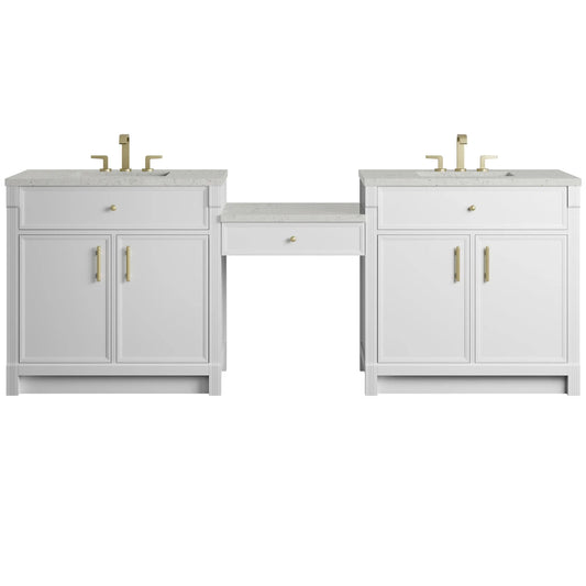 Bellshire 96" Dual Vanity Set with 24" Make-Up Counter, Bright White w/3 cm Lime Delight Silestone Top