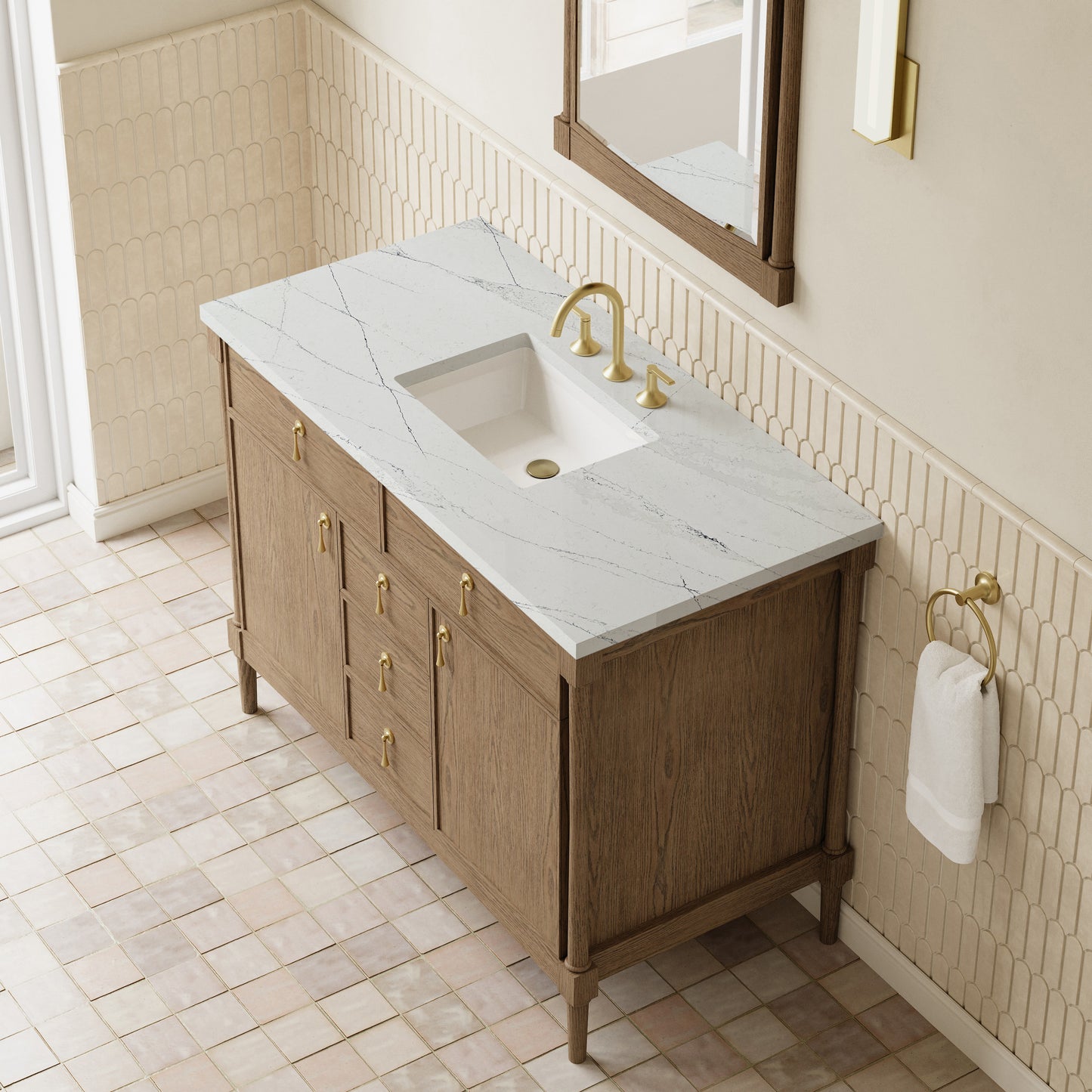 Renovate for Less Atlanta Kinnsden 48" Single Vanity, Weathered Oak w/ 3 CM Ethereal Noctis Silestone Top