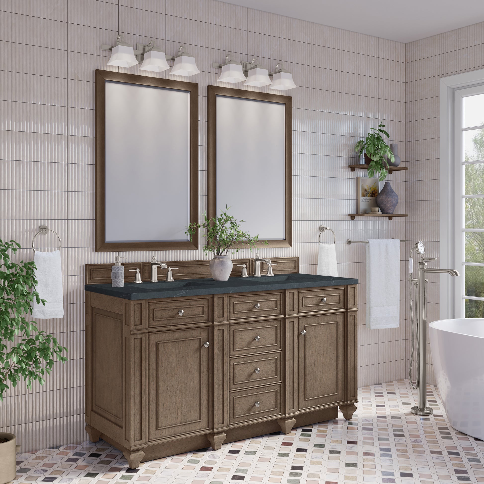 Renovate for Less Atlanta Bristol 60" Double Vanity, Whitewashed Walnut w/ 3 CM Charcoal Soapstone Silestone Top