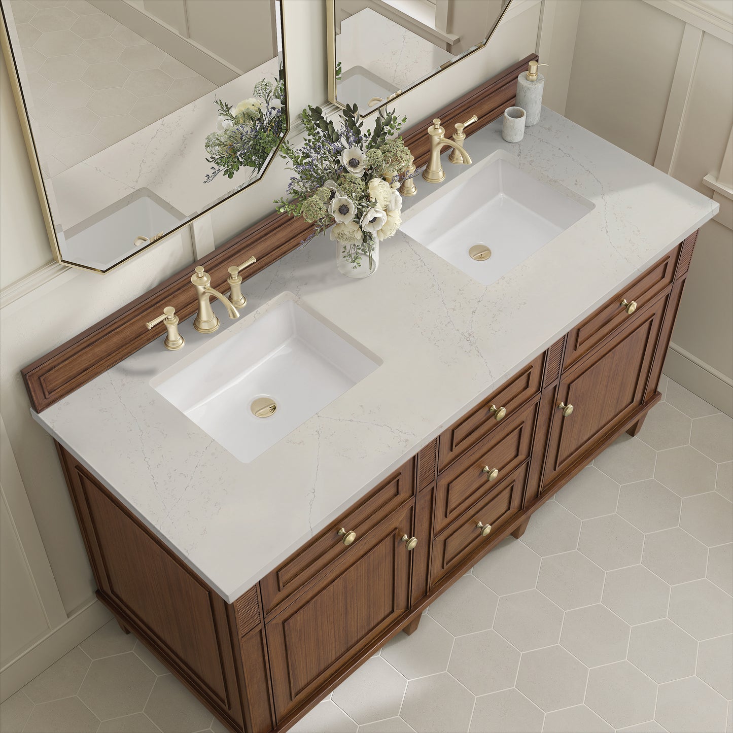Renovate for Less Atlanta Lorelai 60" Double Vanity, Mid-Century Walnut, w/ 3 CM Siberian Silestone Top