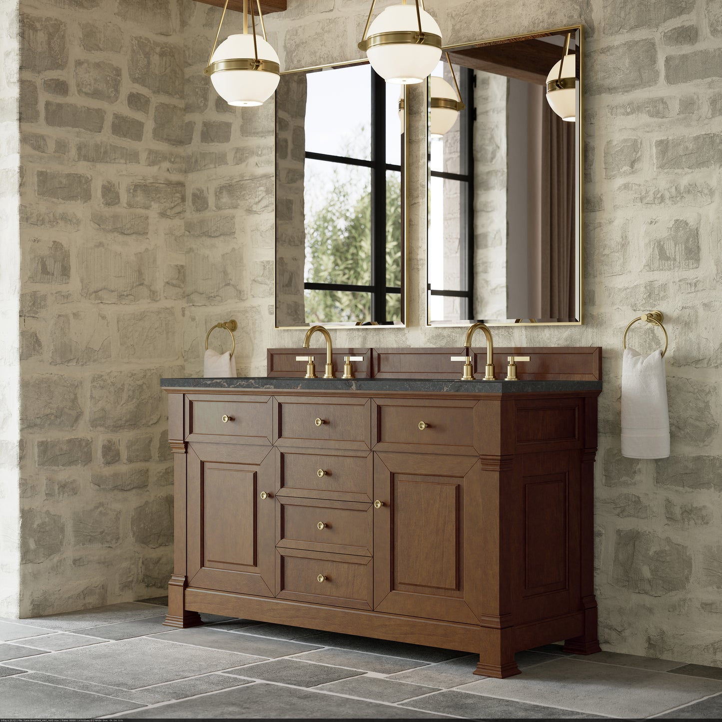 Renovate for Less Atlanta Brookfield 60" Double Vanity, Honey Oak w/ 3 CM Parisien Bleu Silestone Top