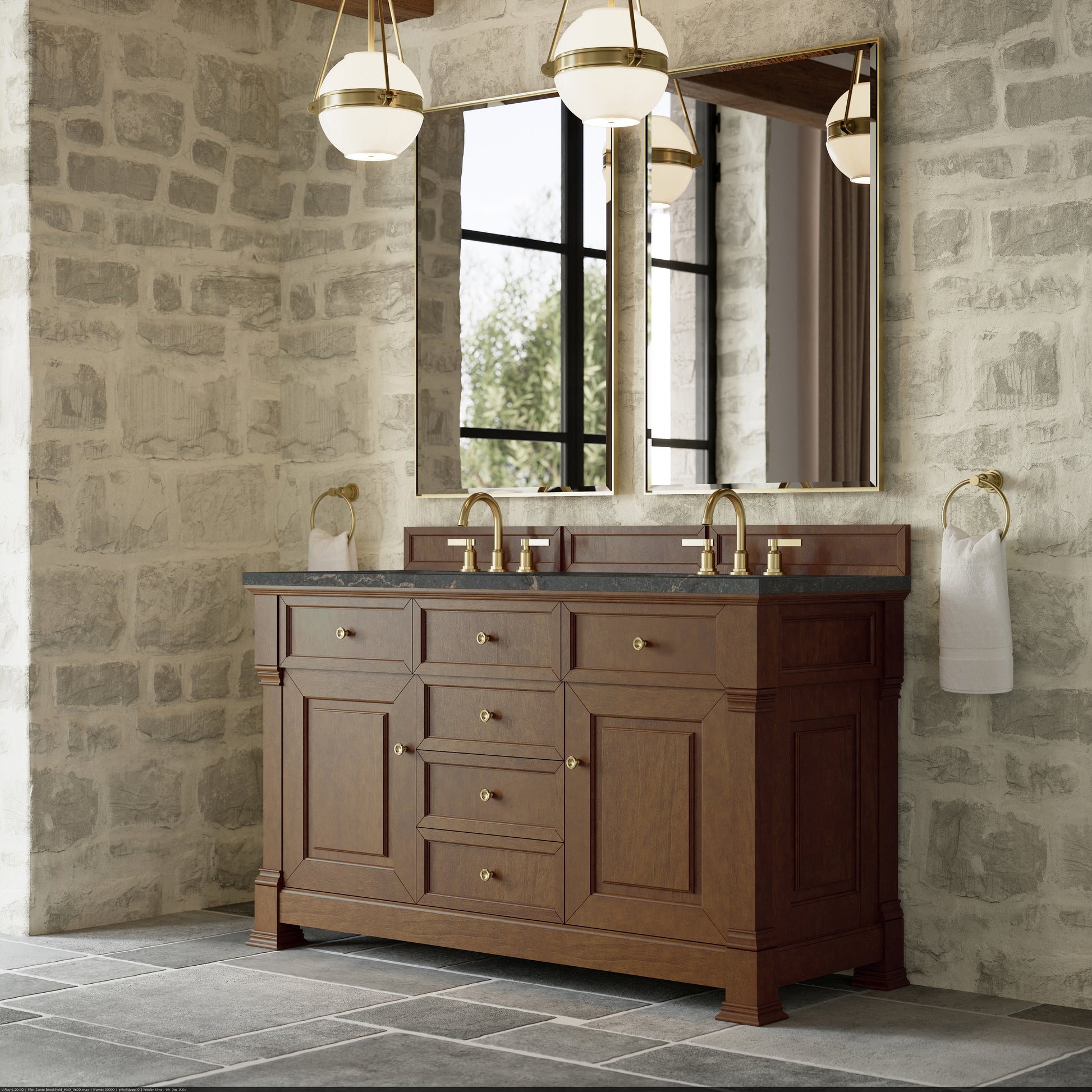 Renovate for Less Atlanta Brookfield 60" Double Vanity, Honey Oak w/ 3 CM Parisien Bleu Silestone Top
