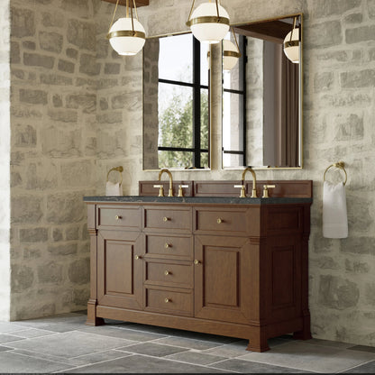 Brookfield 60" Double Vanity, Honey Oak w/ 3 CM Parisien Bleu Silestone Top