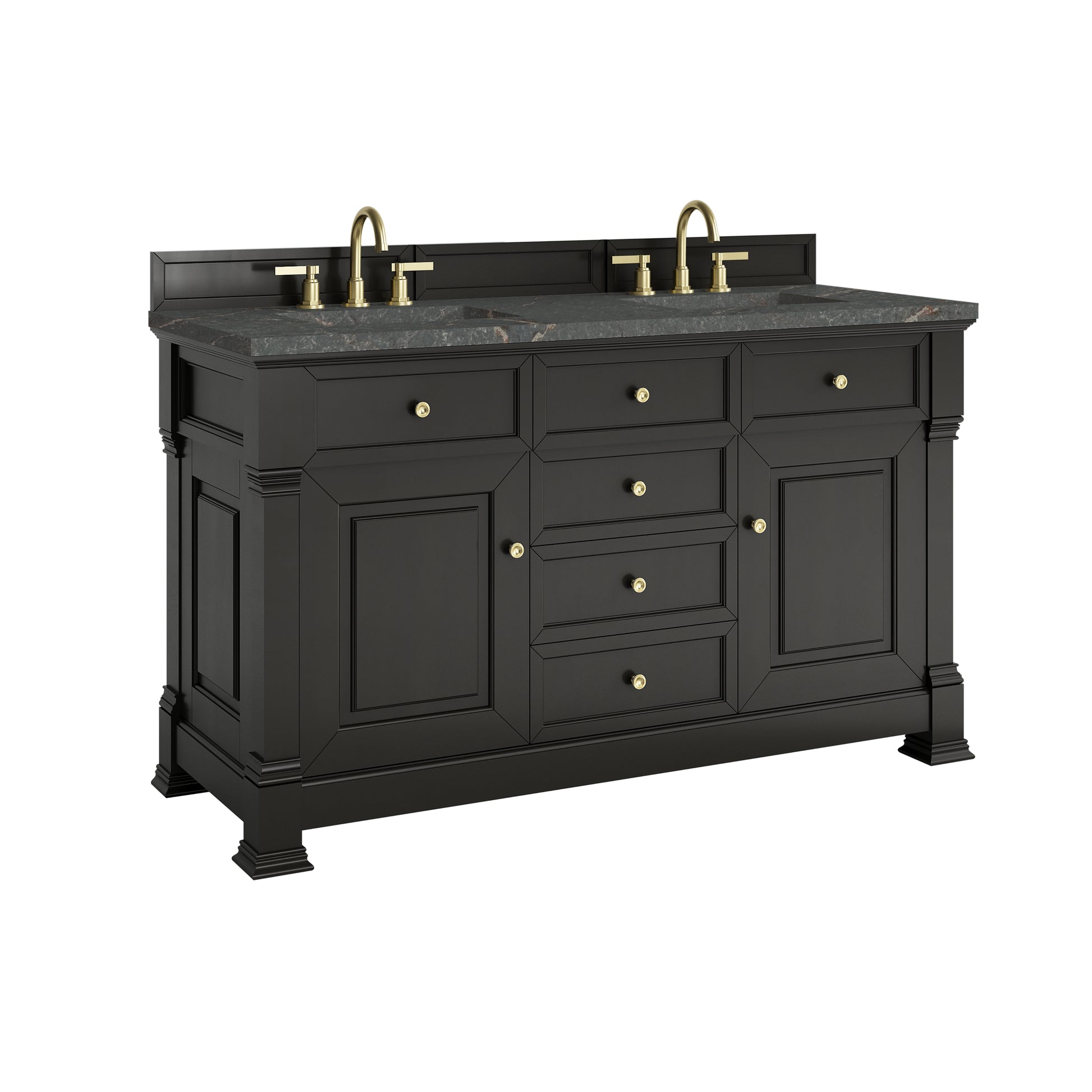 Renovate for Less Atlanta Brookfield 60" Double Vanity, Black Onyx w/ 3 CM Parisien Bleu Silestone Top w/FreePower Wireless Charger