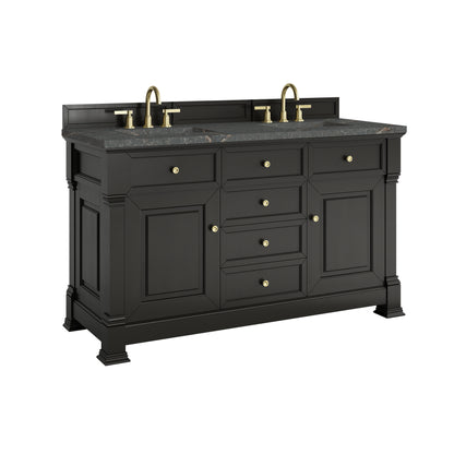 Renovate for Less Atlanta Brookfield 60" Double Vanity, Black Onyx w/ 3 CM Parisien Bleu Silestone Top w/FreePower Wireless Charger