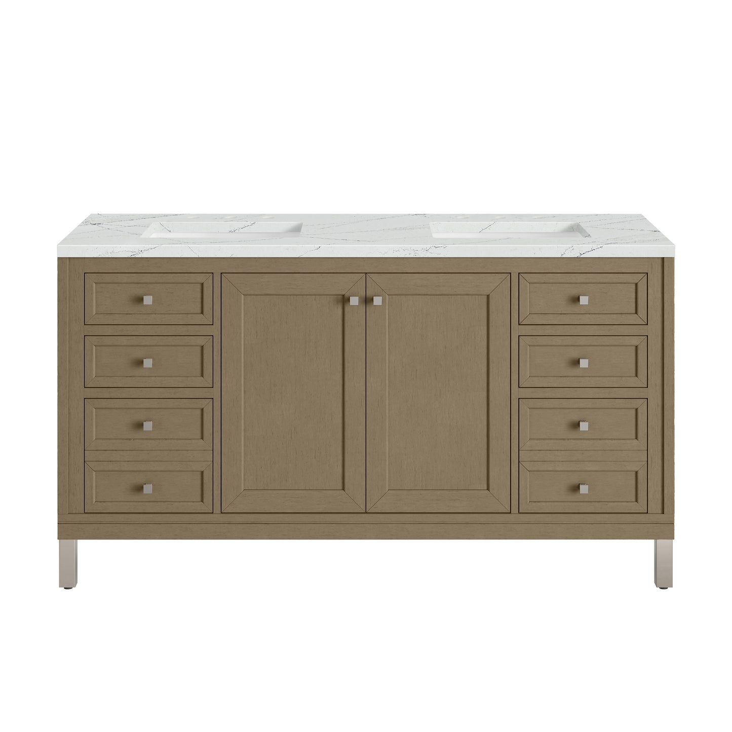 Renovate for Less Atlanta Chicago 60" Double Vanity, Walnut Whisper, w/ 3 CM Ethereal Noctis Silestone® Top w/FreePower Wireless Charger