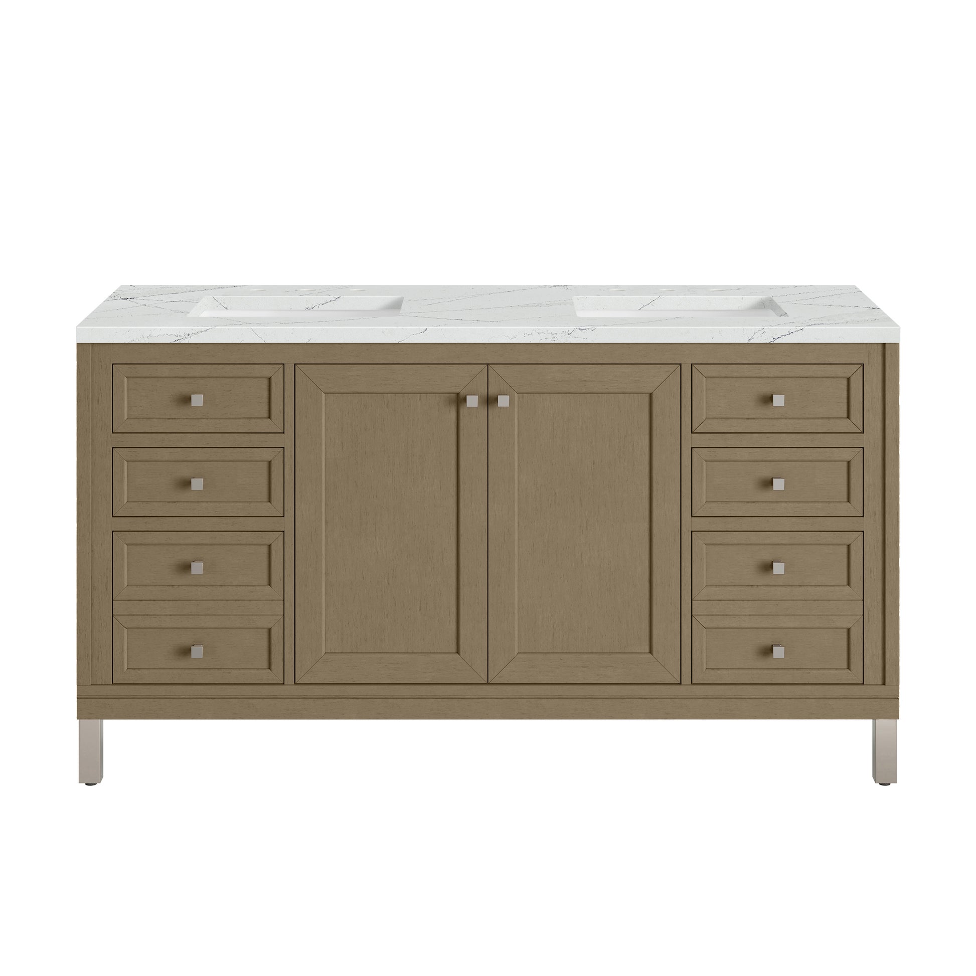 Renovate for Less Atlanta Chicago 60" Double Vanity, Walnut Whisper, w/ 3 CM Ethereal Noctis Silestone® Top w/FreePower Wireless Charger