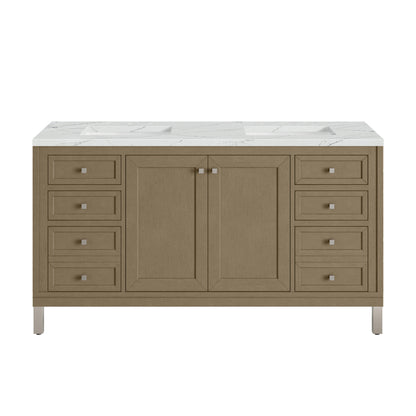 Renovate for Less Atlanta Chicago 60" Double Vanity, Walnut Whisper, w/ 3 CM Ethereal Noctis Silestone® Top w/FreePower Wireless Charger