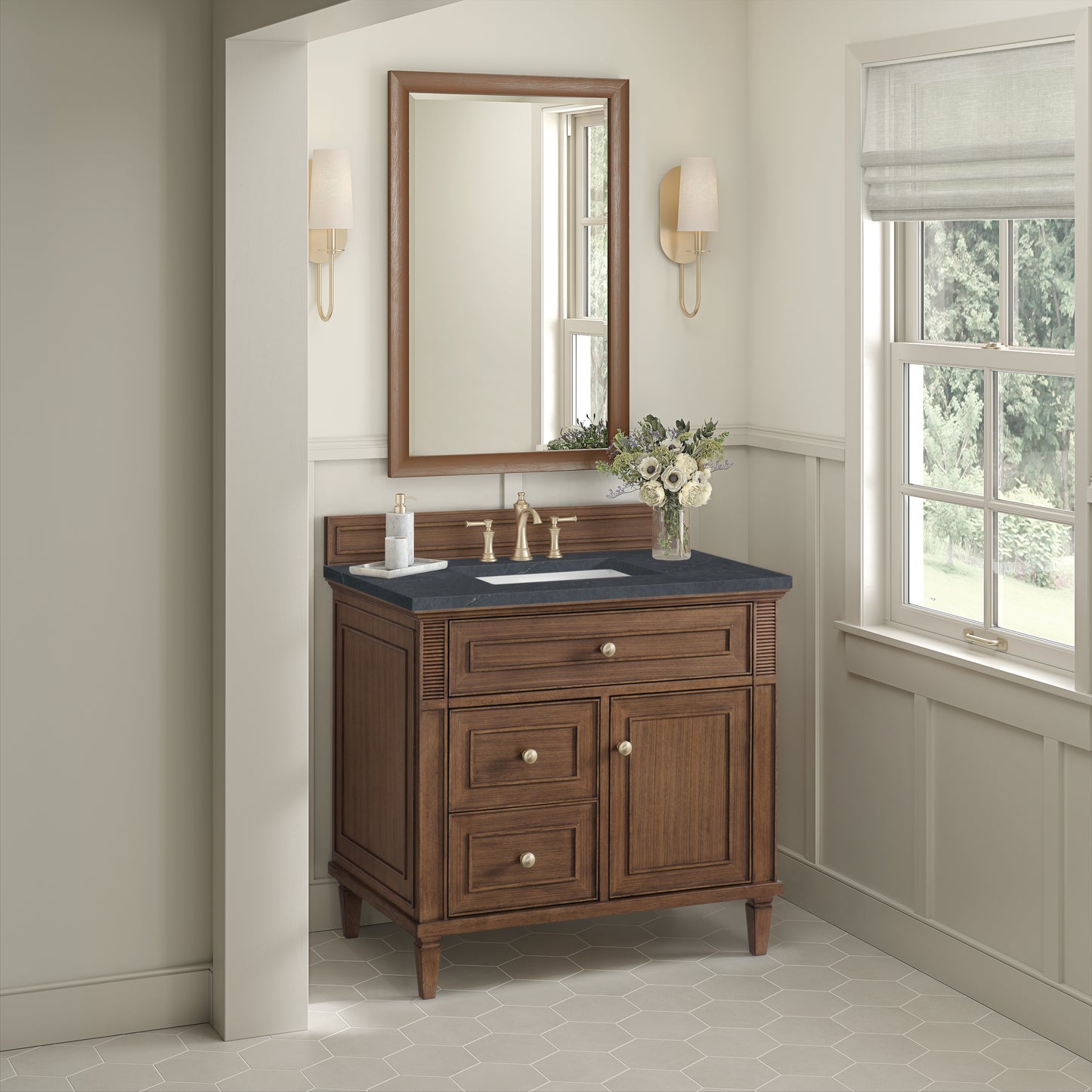 Renovate for Less Atlanta Lorelai 36" Single Vanity, Mid-Century Walnut w/ 3 CM Charcoal Soapstone Silestone Top