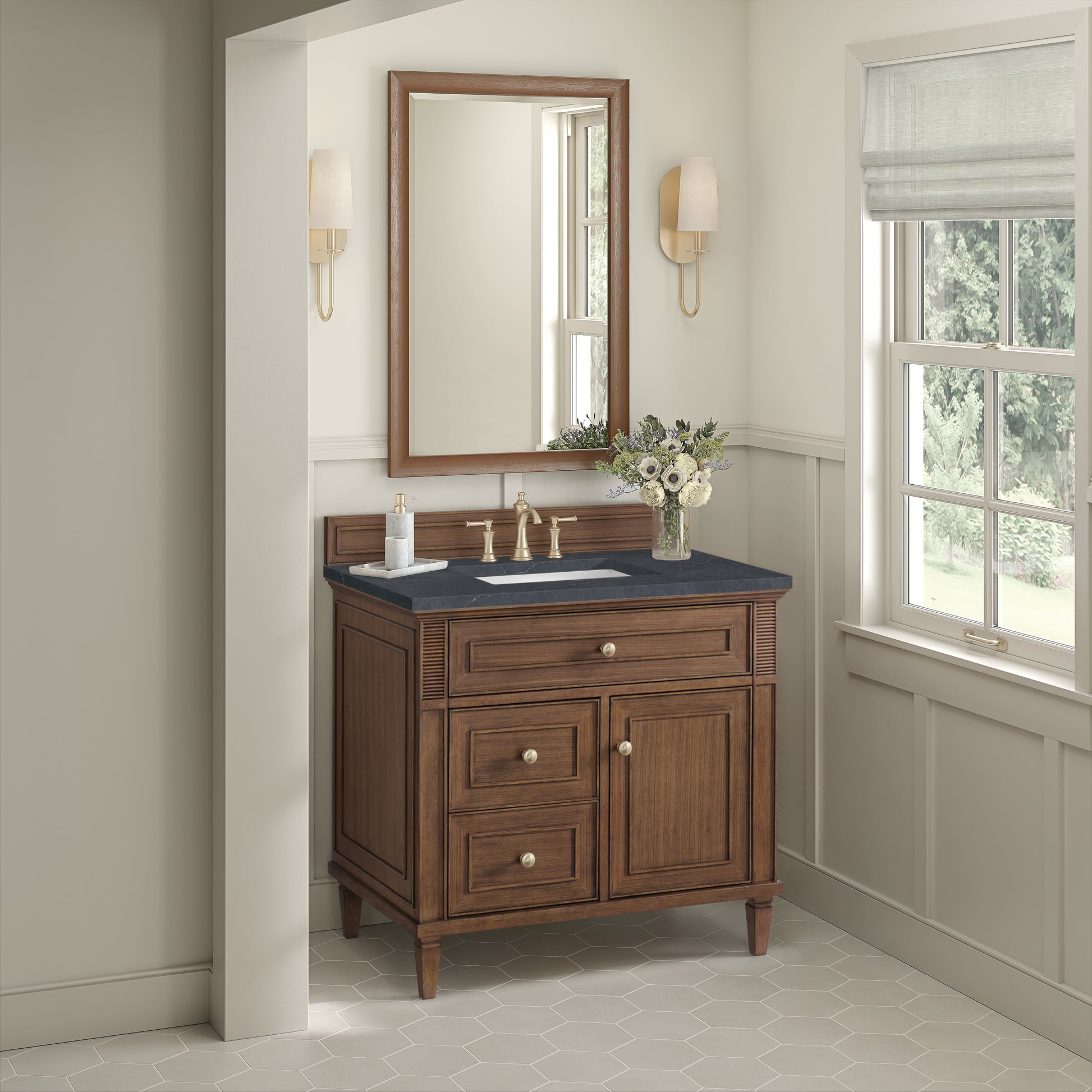 Renovate for Less Atlanta Lorelai 36" Single Vanity, Mid-Century Walnut w/ 3 CM Charcoal Soapstone Silestone Top