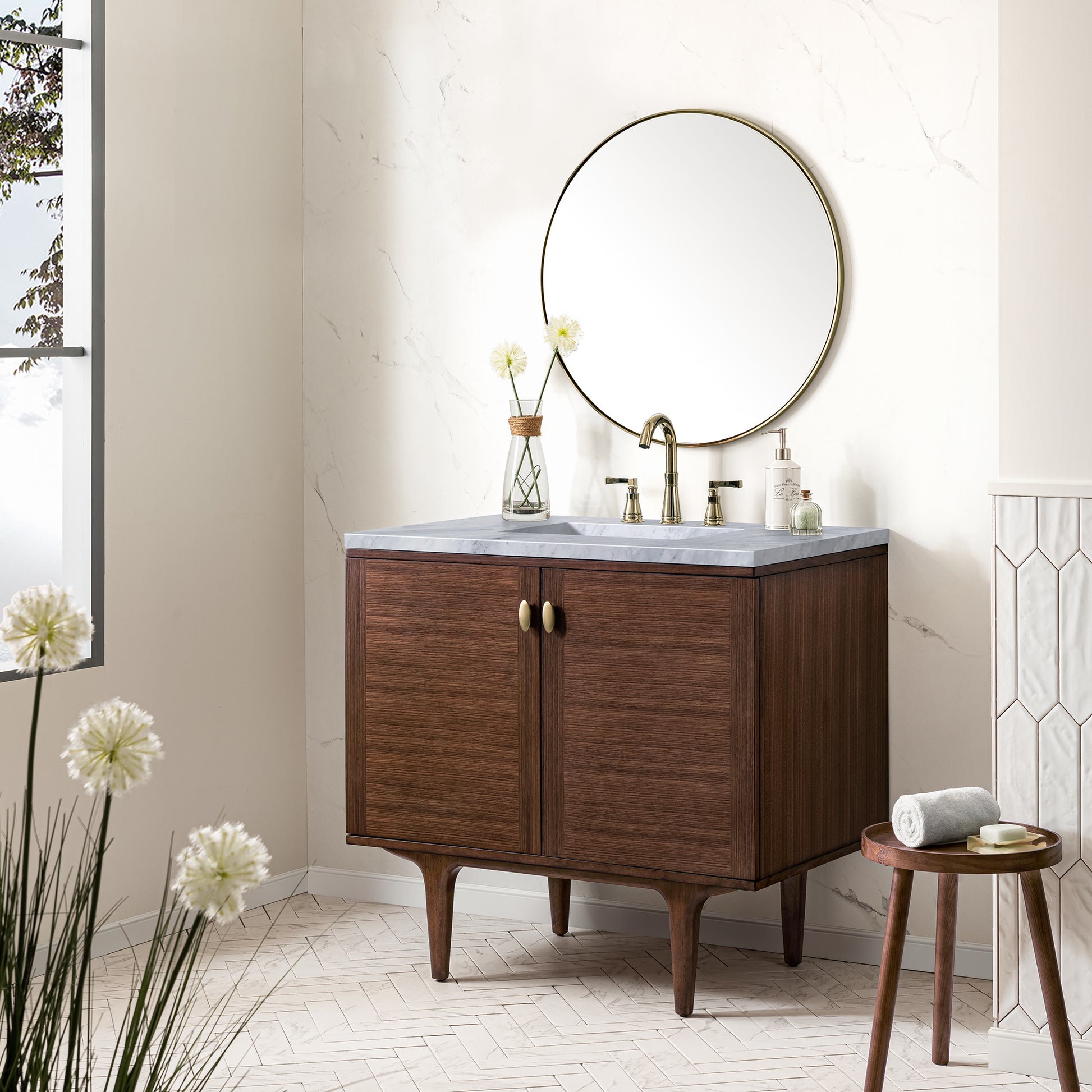 Renovate for Less Atlanta Amberly 36" Single Vanity, Mid-Century Walnut w/ 3 CM Carrara Marble Top