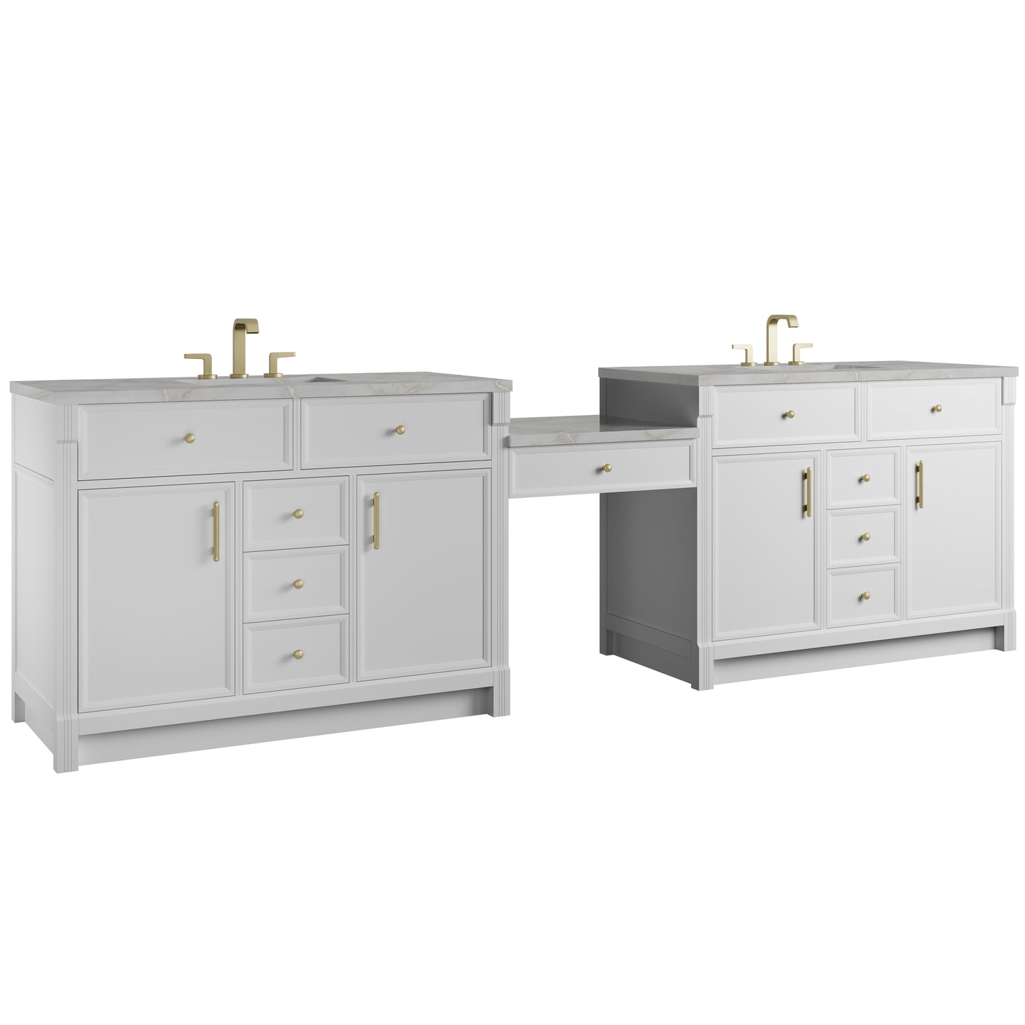 Renovate for Less Atlanta Bellshire 120" Dual Vanity Set with 24" Make-Up Counter, Bright White w/3 cm Victorian Silver Silestone Top