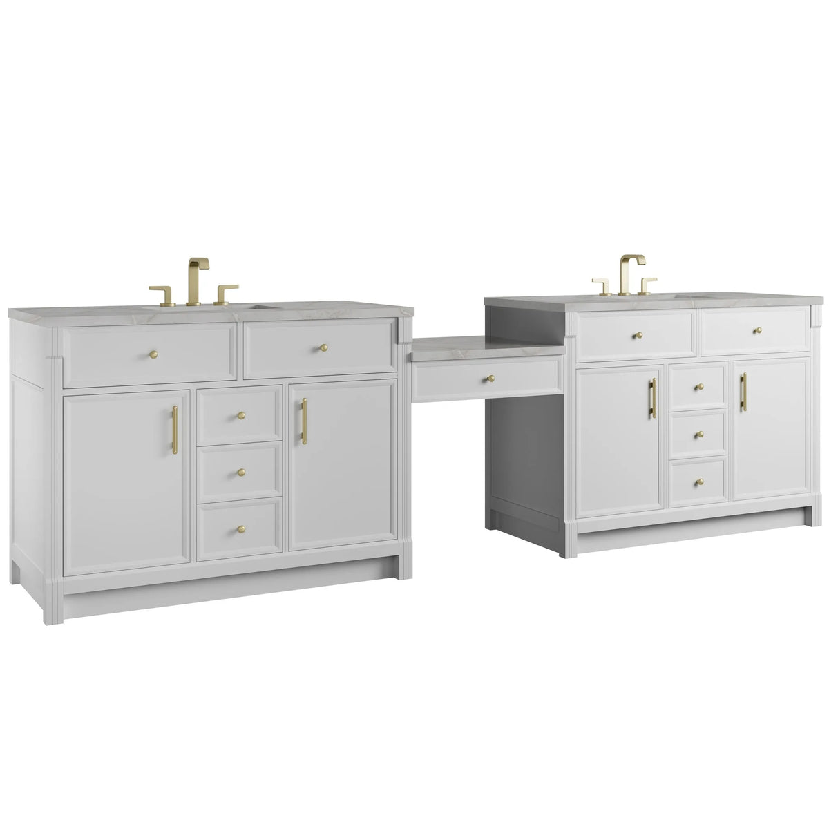 Bellshire 120" Dual Vanity Set with 24" Make-Up Counter, Bright White w/3 cm Victorian Silver Silestone Top w/FreePower Wireless Charger