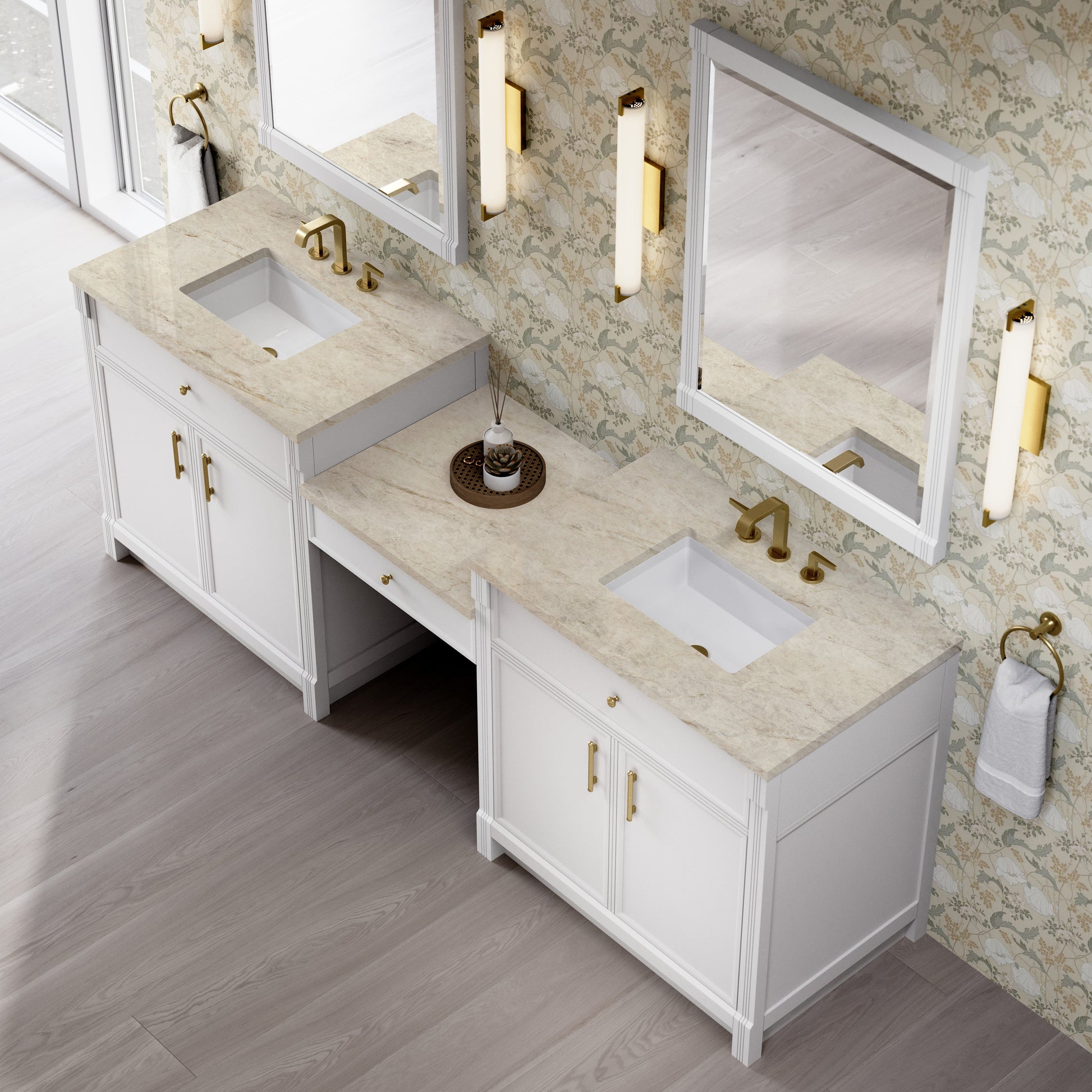 Renovate for Less Atlanta Bellshire 96" Dual Vanity Set with 24" Make-Up Counter, Bright White w/3 cm Tajnar Eclos Top