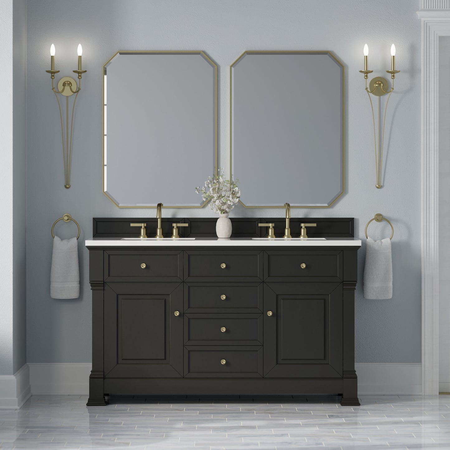Renovate for Less Atlanta Brookfield 60" Double Vanity, Black Onyx,  w/ 3 CM White Zeus Silestone Top