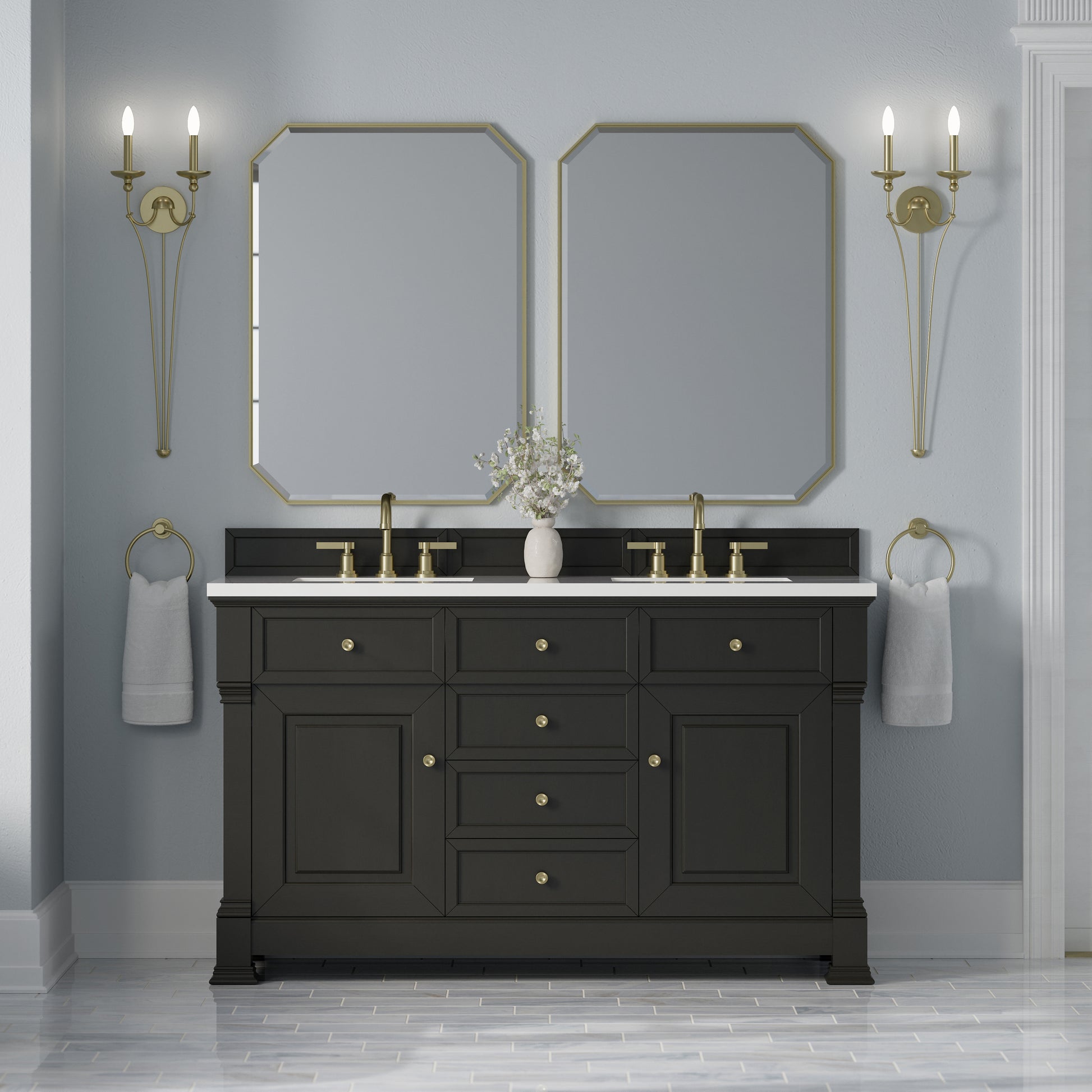 Renovate for Less Atlanta Brookfield 60" Double Vanity, Black Onyx,  w/ 3 CM White Zeus Silestone Top