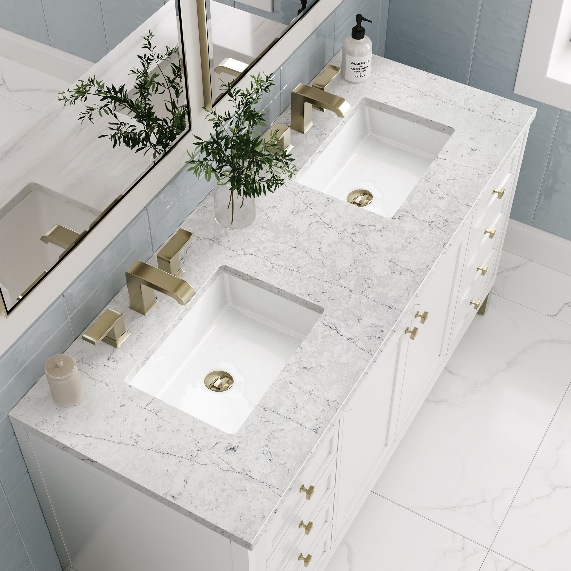 Renovate for Less Atlanta Chicago 60" Double Vanity, Glossy White, w/ 3 CM Eternal Jasmine Pearl Silestone® Top