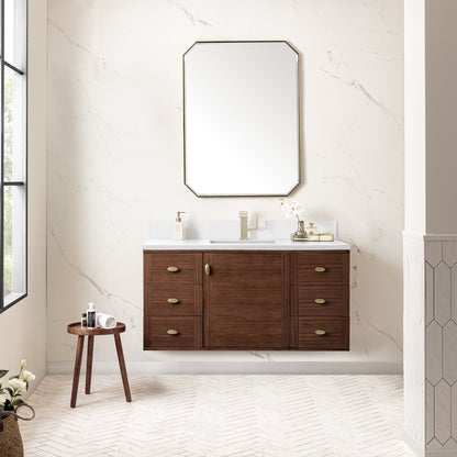 Renovate for Less Atlanta Amberly 48" Single Vanity, Mid-Century Walnut w/ Single Hole 3 CM White Zeus Top & Backsplash