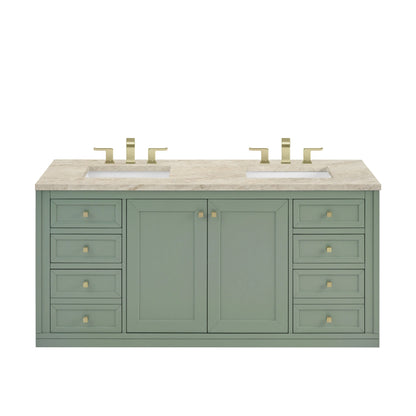 Chicago 60" Double Vanity, Smokey Celadon, w/ 3 CM Tajnar Eclos Top w/FreePower Wireless Charger